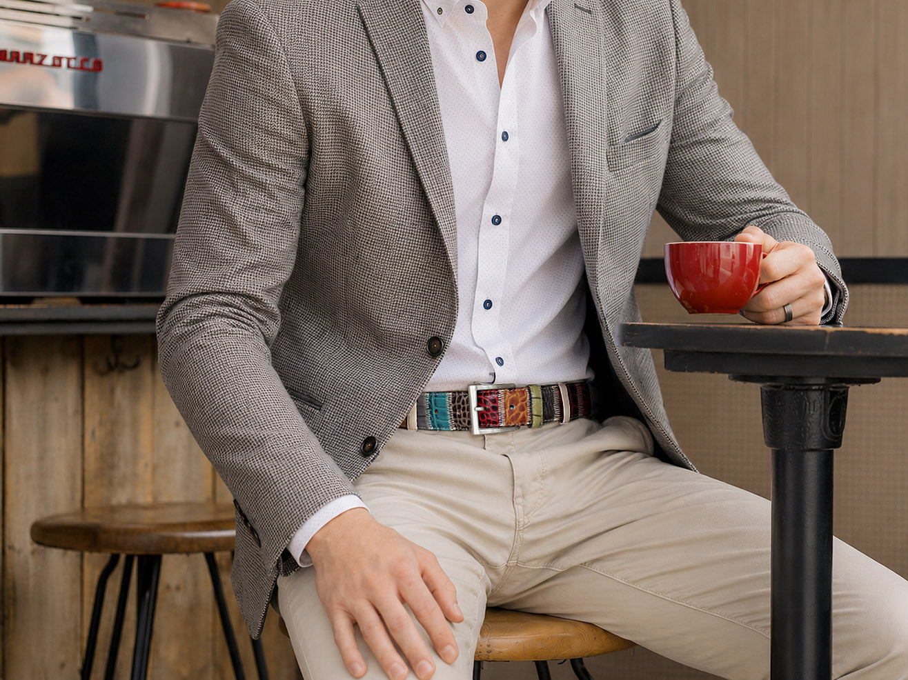 Multicolour Italian leather patchwork belt styled with stone chinos and a grey jacket