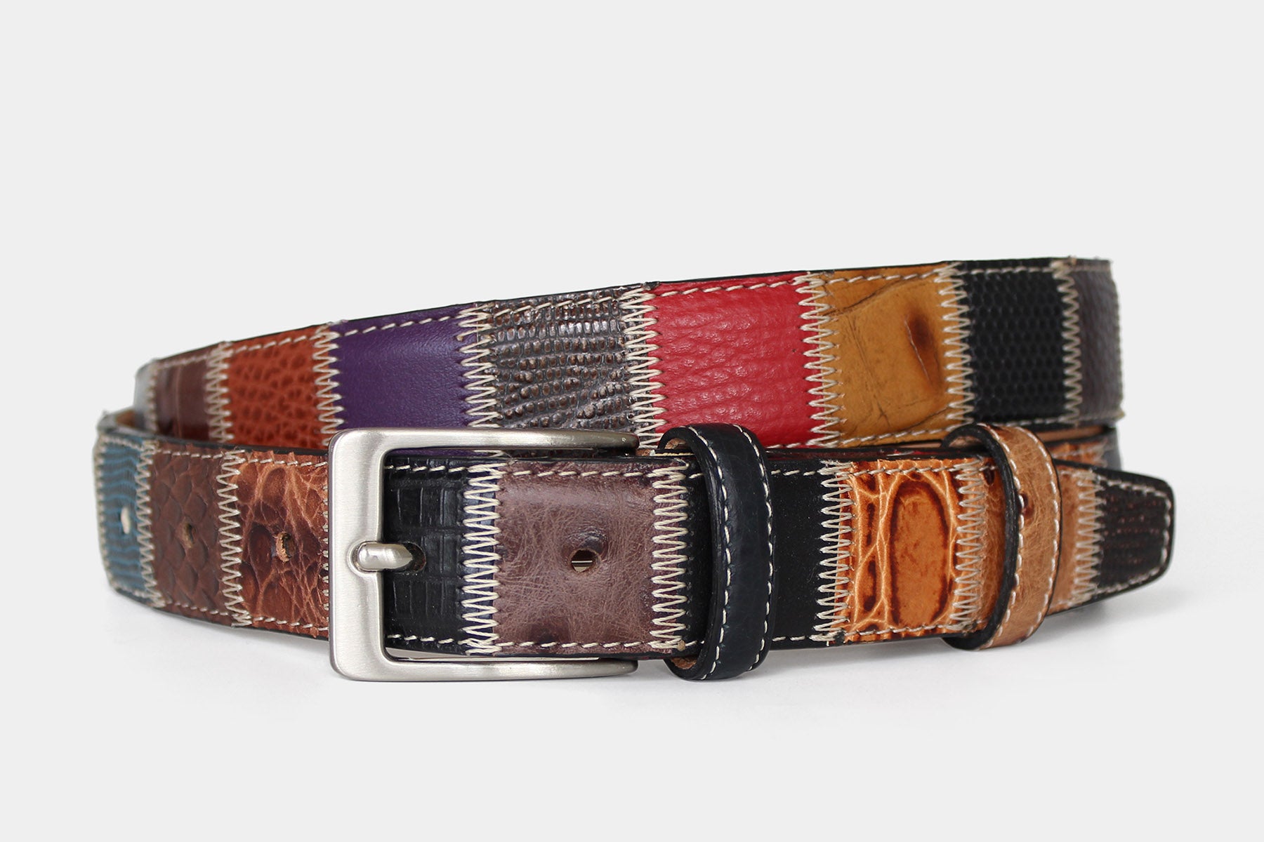 Men’s multicolour patchwork Italian leather belt with silver buckle in slim 30mm. Individually handcrafted in Italy.