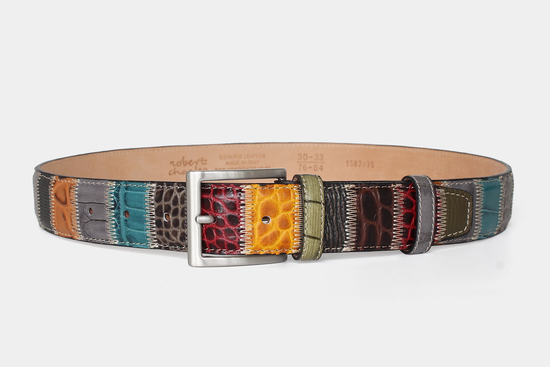 Men’s multicolour patchwork Italian leather belt with silver buckle. Handmade in Italy.