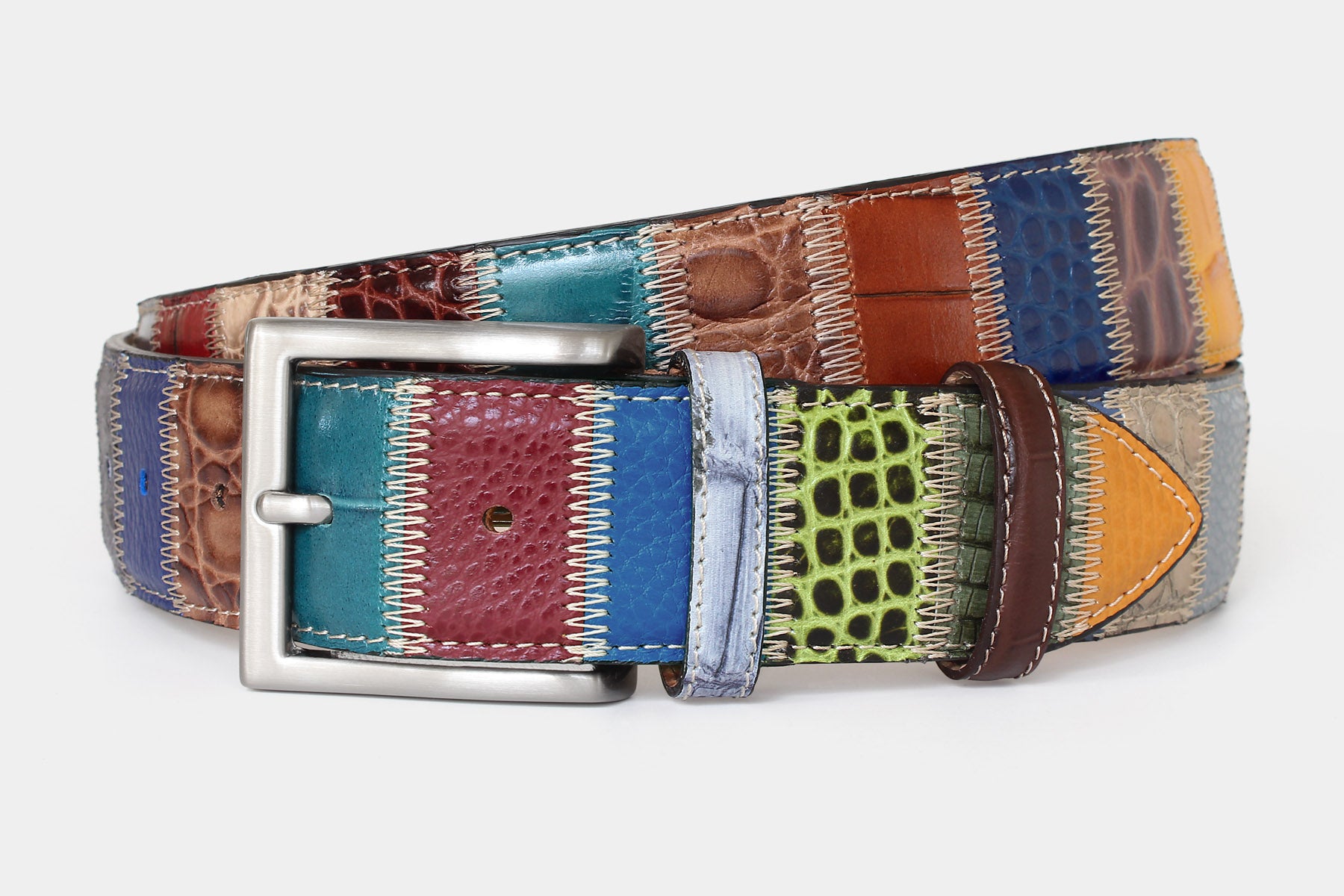 Men’s multicolour patchwork Italian leather belt with silver buckle 40mm wide. Handmade in Italy.