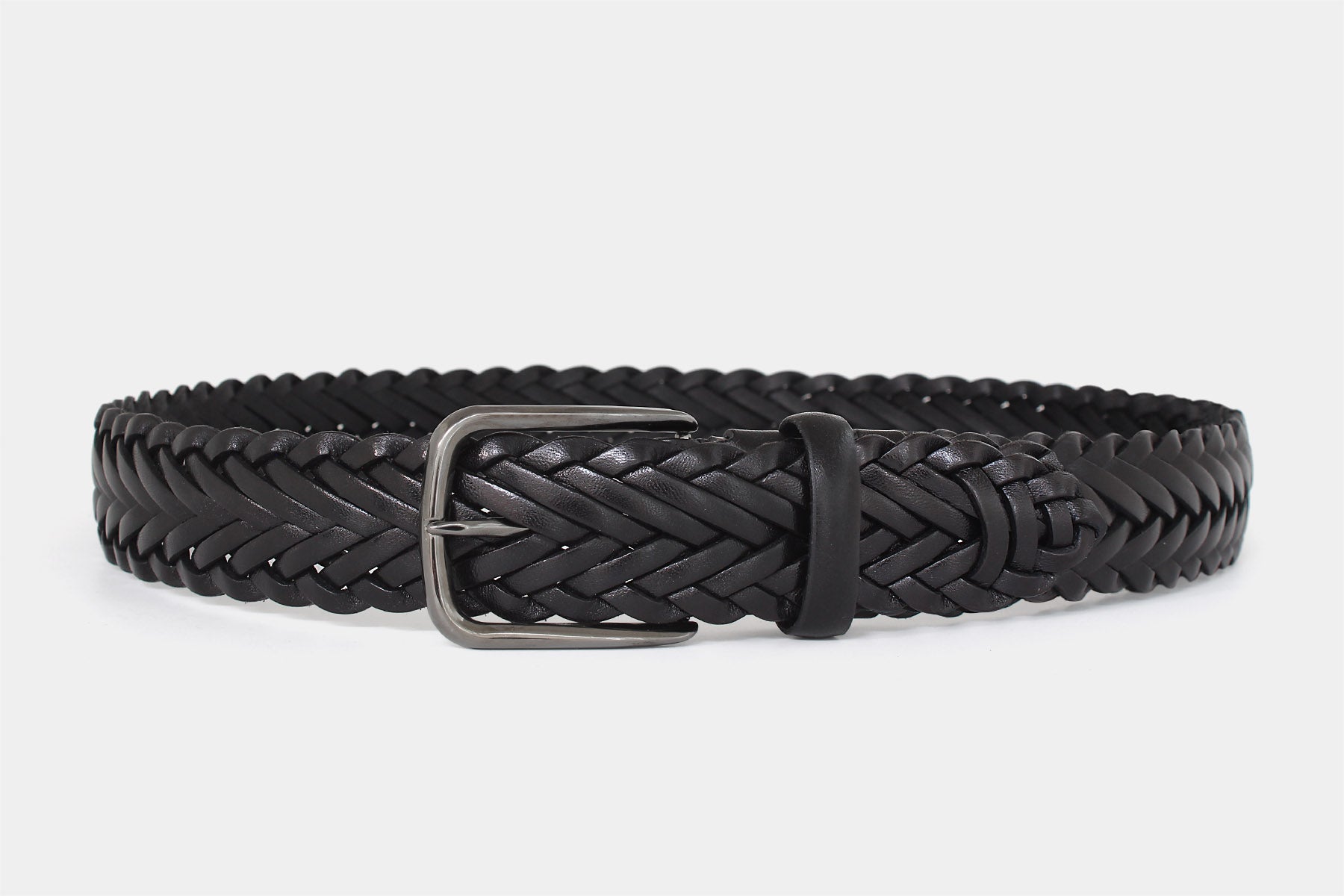 Men’s black braided belt. Handwoven Italian solid hide leather with gunmetal buckle. Handmade in Italy.