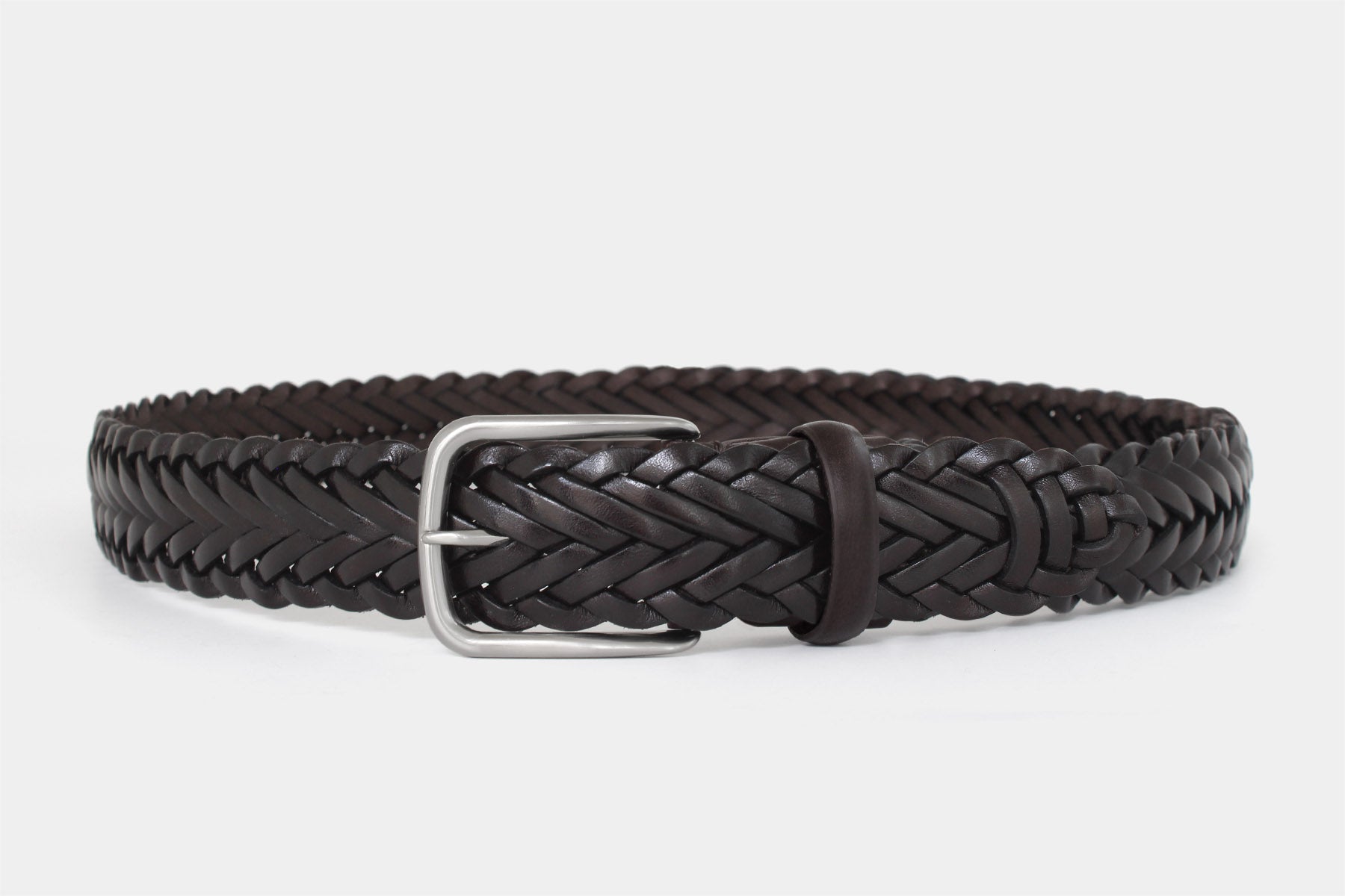 Men’s brown braided belt. Handwoven Italian solid hide leather with silver buckle. Handmade in Italy.