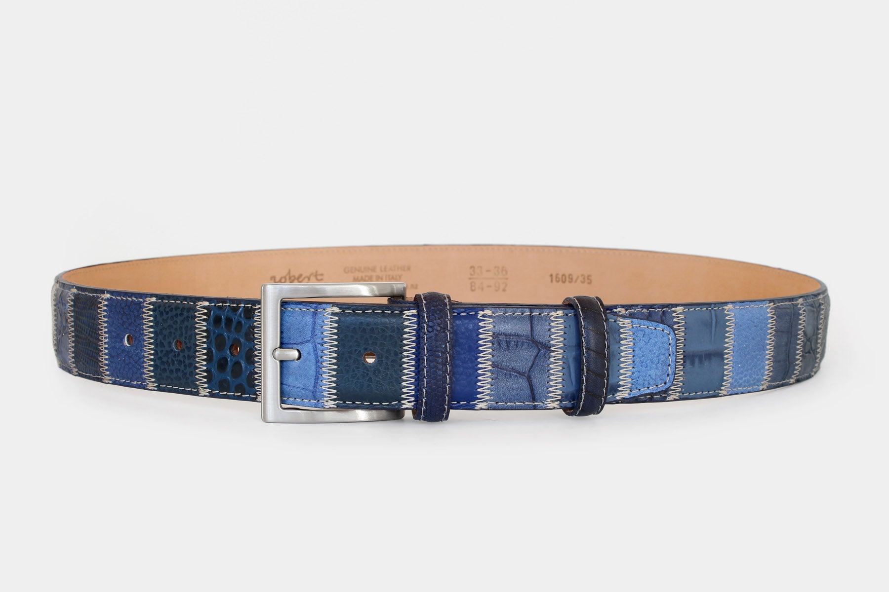 Men’s blue patchwork leather belt – Italian leather – solid brass buckle – 35mm - Robert Charles