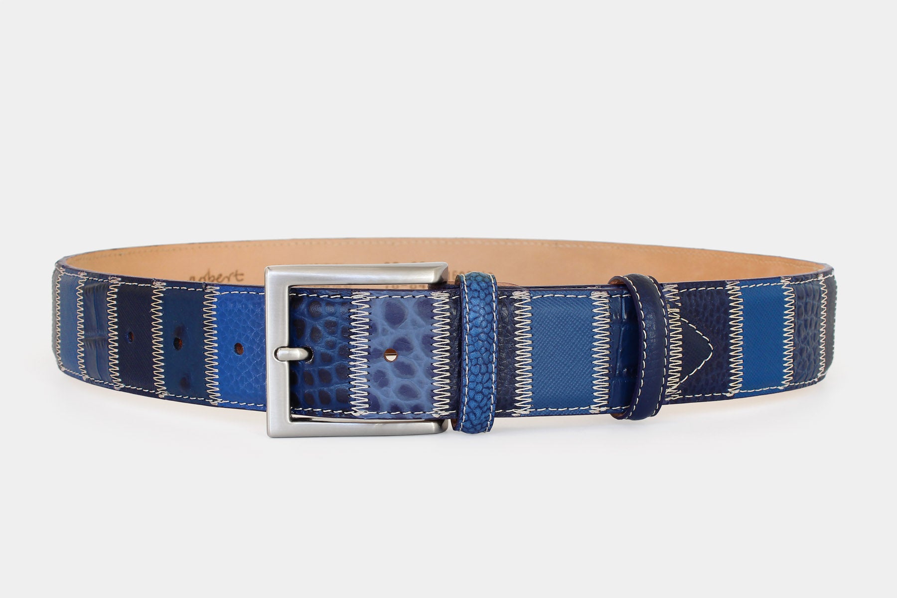 Men’s patchwork leather belt – Italian leather in blue and navy – solid brass buckle – 40mm - Robert Charles