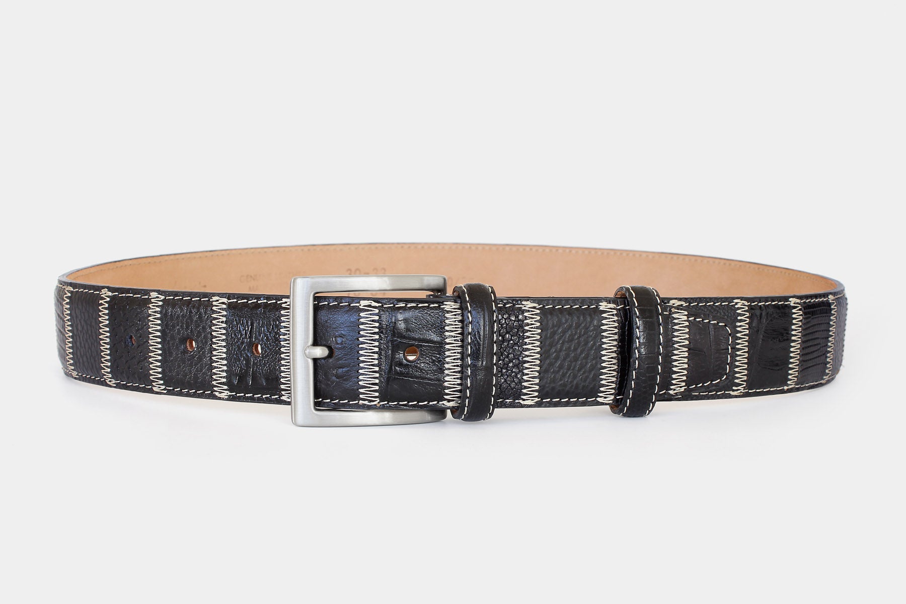 Men’s black patchwork leather belt – Italian leather – solid brass buckle – 35mm - Robert Charles