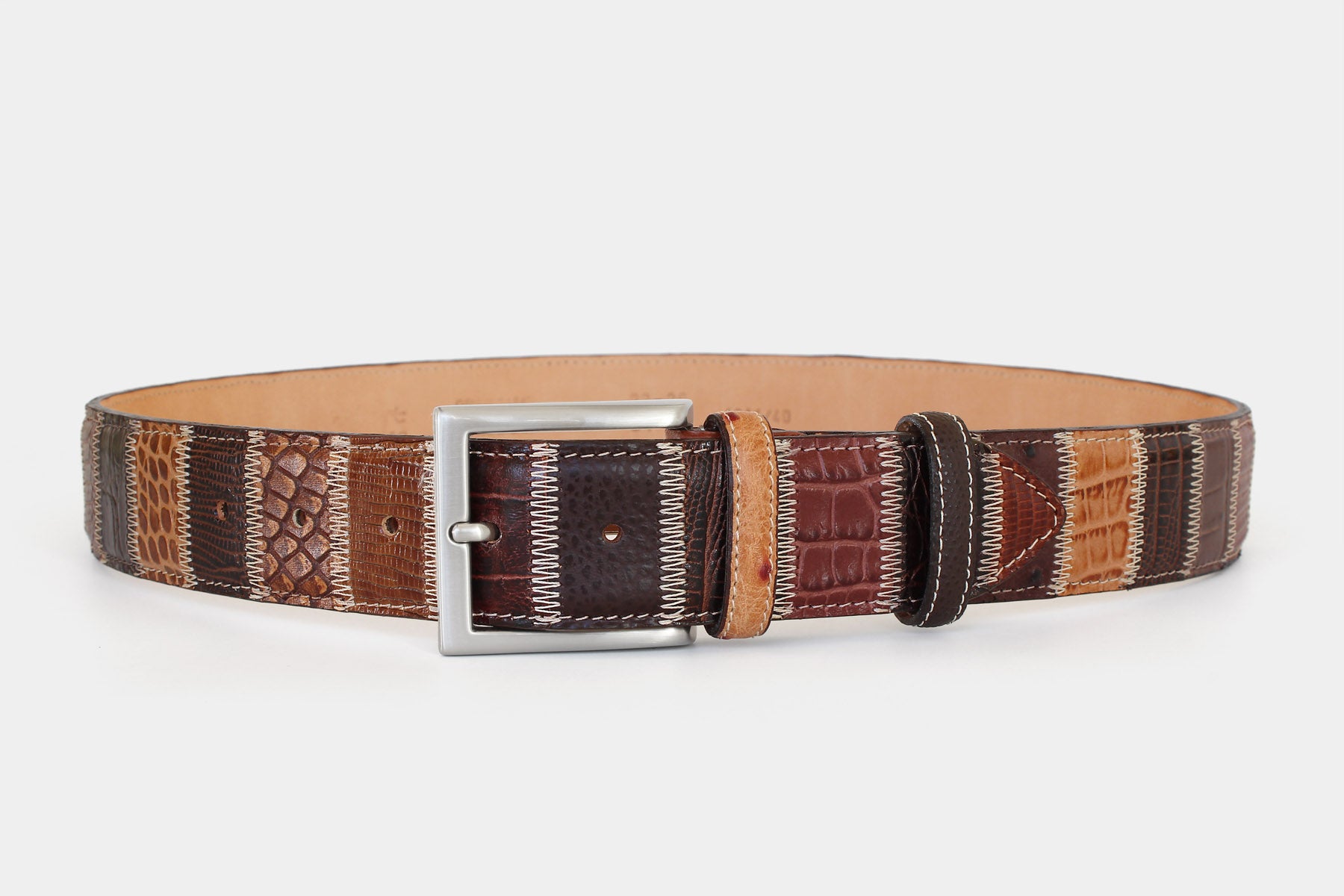 Men’s patchwork leather belt – Italian leather in warm brown tones – solid brass buckle – 40mm -Robert Charles