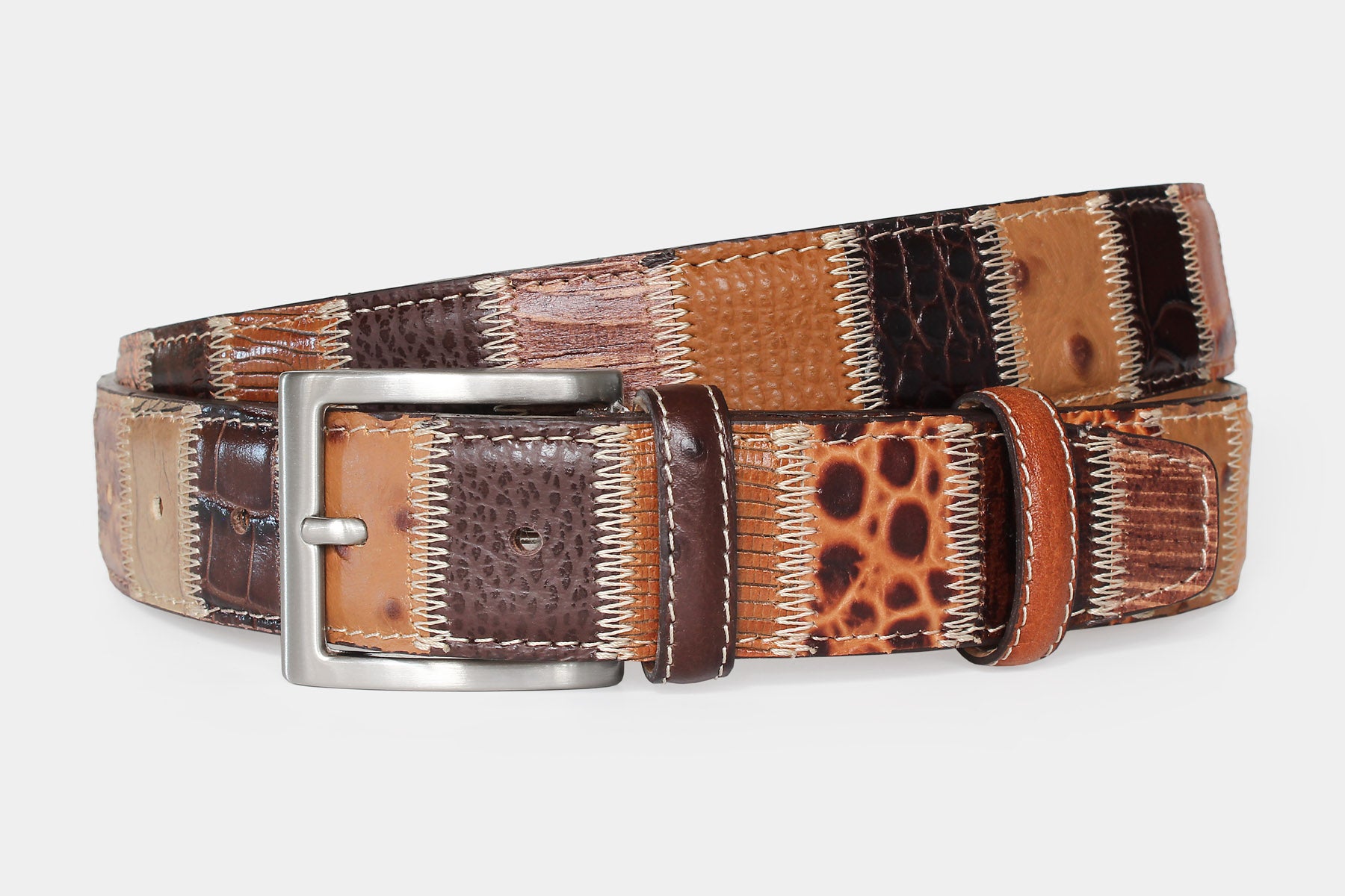 Men’s Italian leather patchwork belt in brown, with solid brass buckle. Individually handcrafted in Italy.
