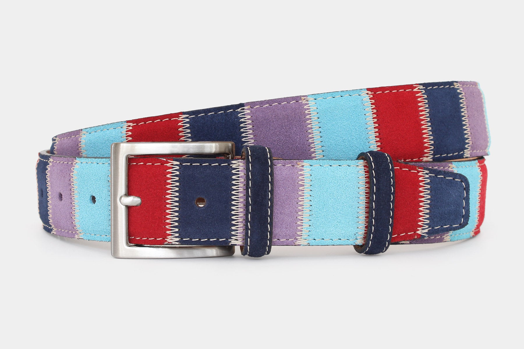 Men’s patchwork belt in red, navy, purple, sky blue with silver buckle. Handmade in Italy from genuine leather.