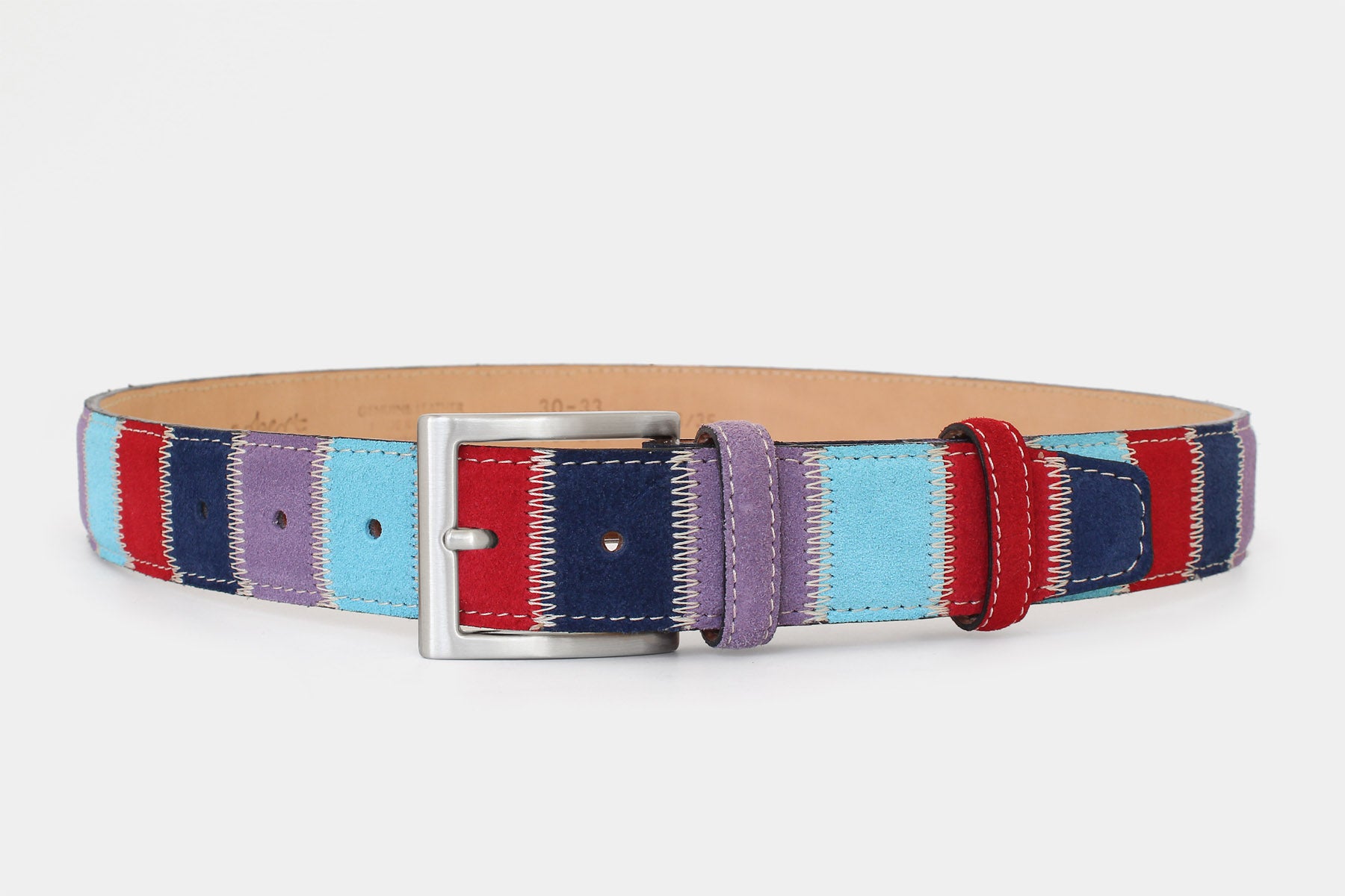 Men's red, navy, purple, sky blue Patchwork genuine leather belt handmade in Italy with silver buckle.