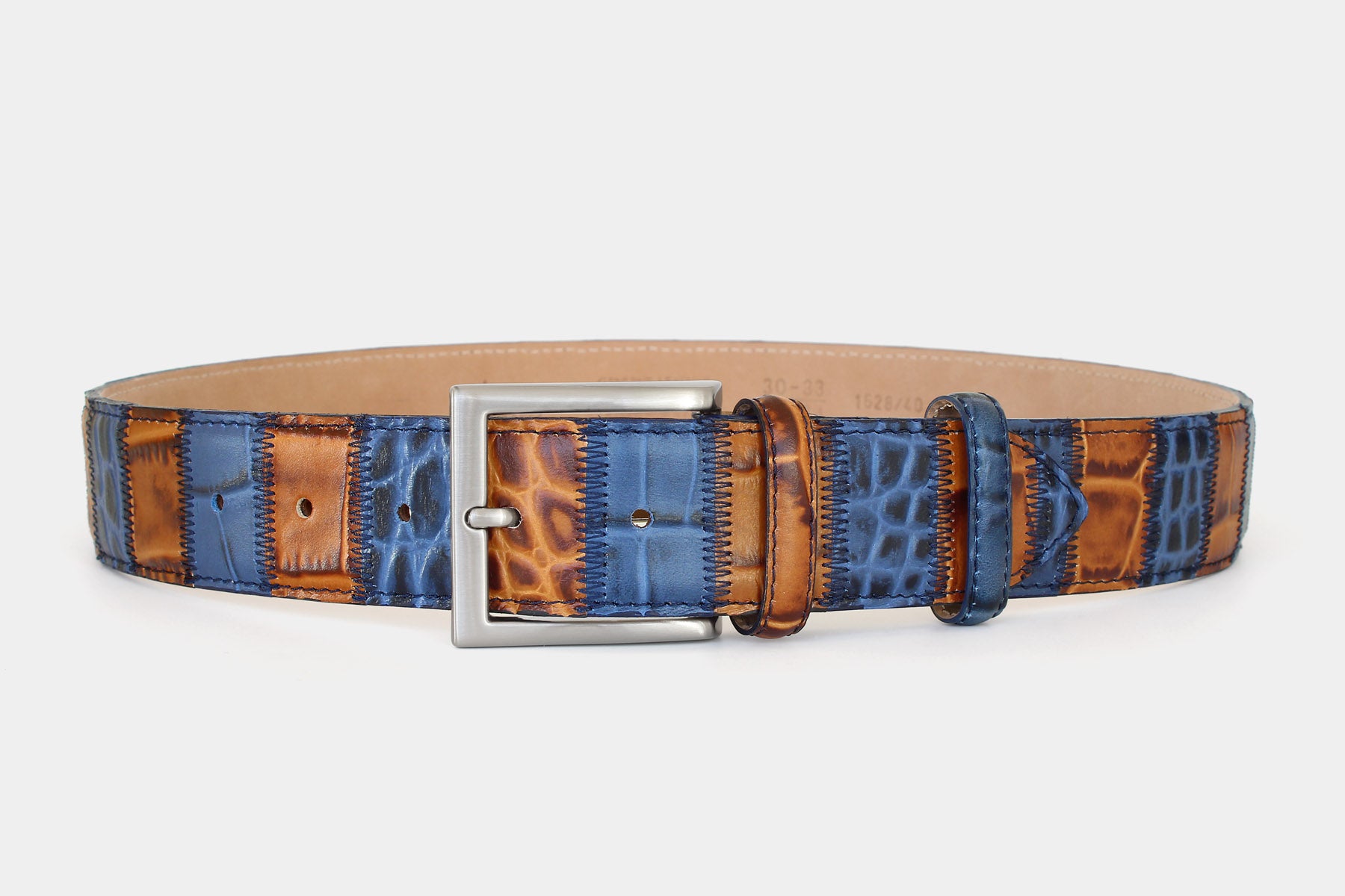 Men’s patchwork leather belt – Italian leather in blue and tan – solid brass buckle – 40mm - Robert Charles