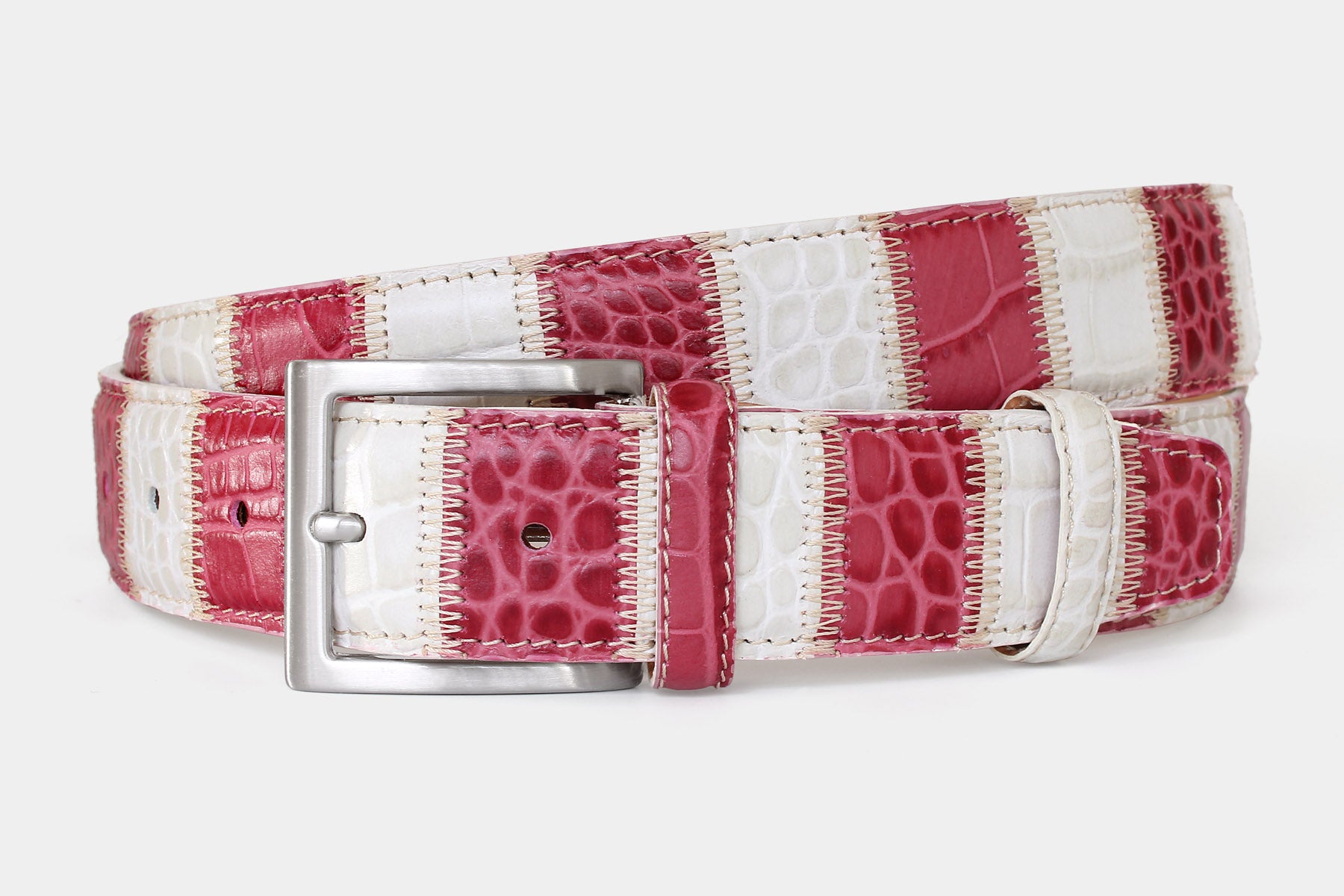 Men’s Italian leather patchwork belt in white and pink, with solid brass buckle. Individually handcrafted in Italy.