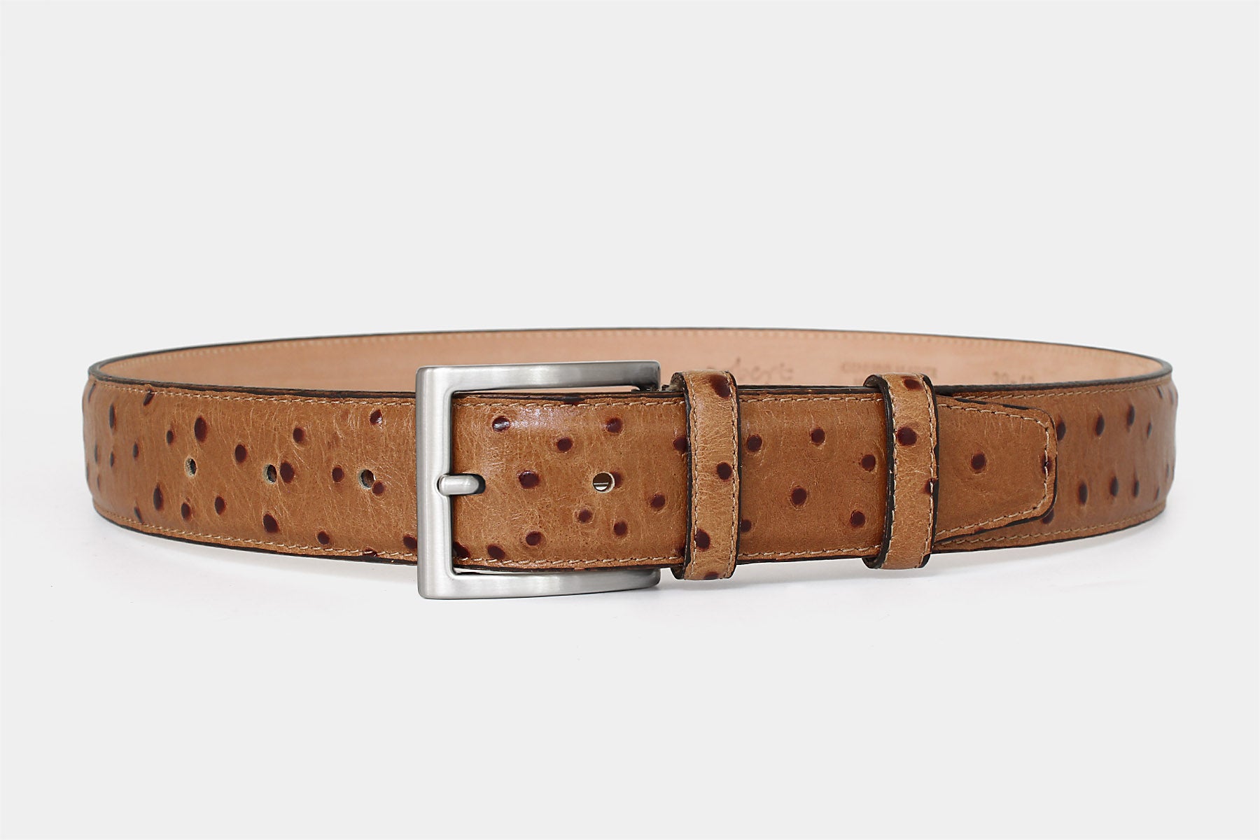 Men's tan ostrich genuine leather belt handmade in Italy with classic silver buckle.