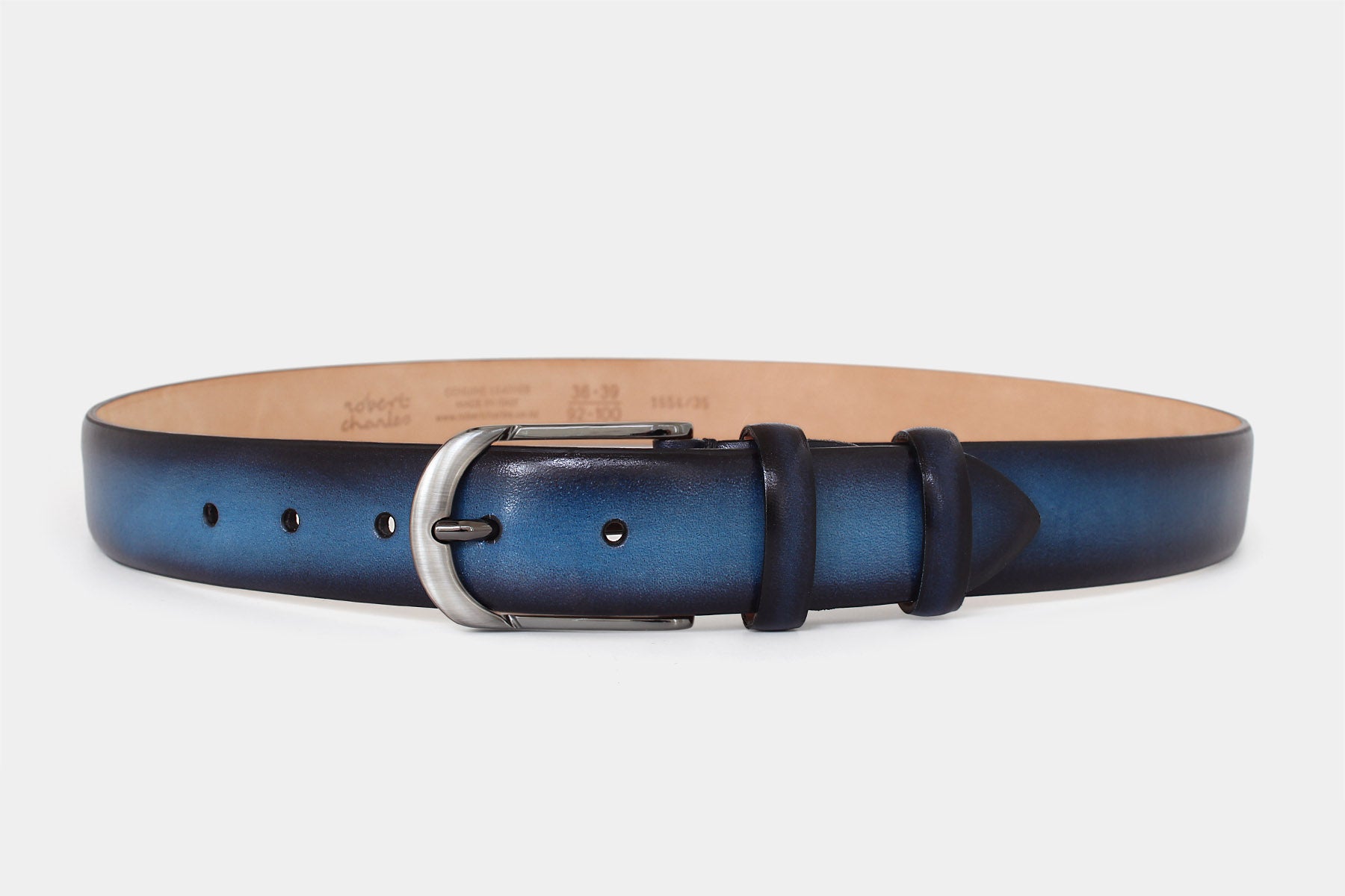 Men's blue handpainted genuine leather belt handmade in Italy with polished gunmetal buckle.