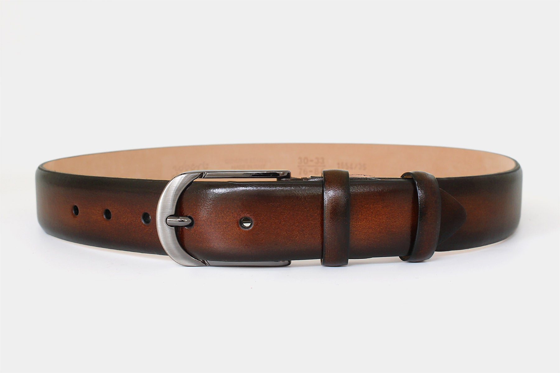Men's brown handpainted genuine leather belt handmade in Italy with polished gunmetal buckle.