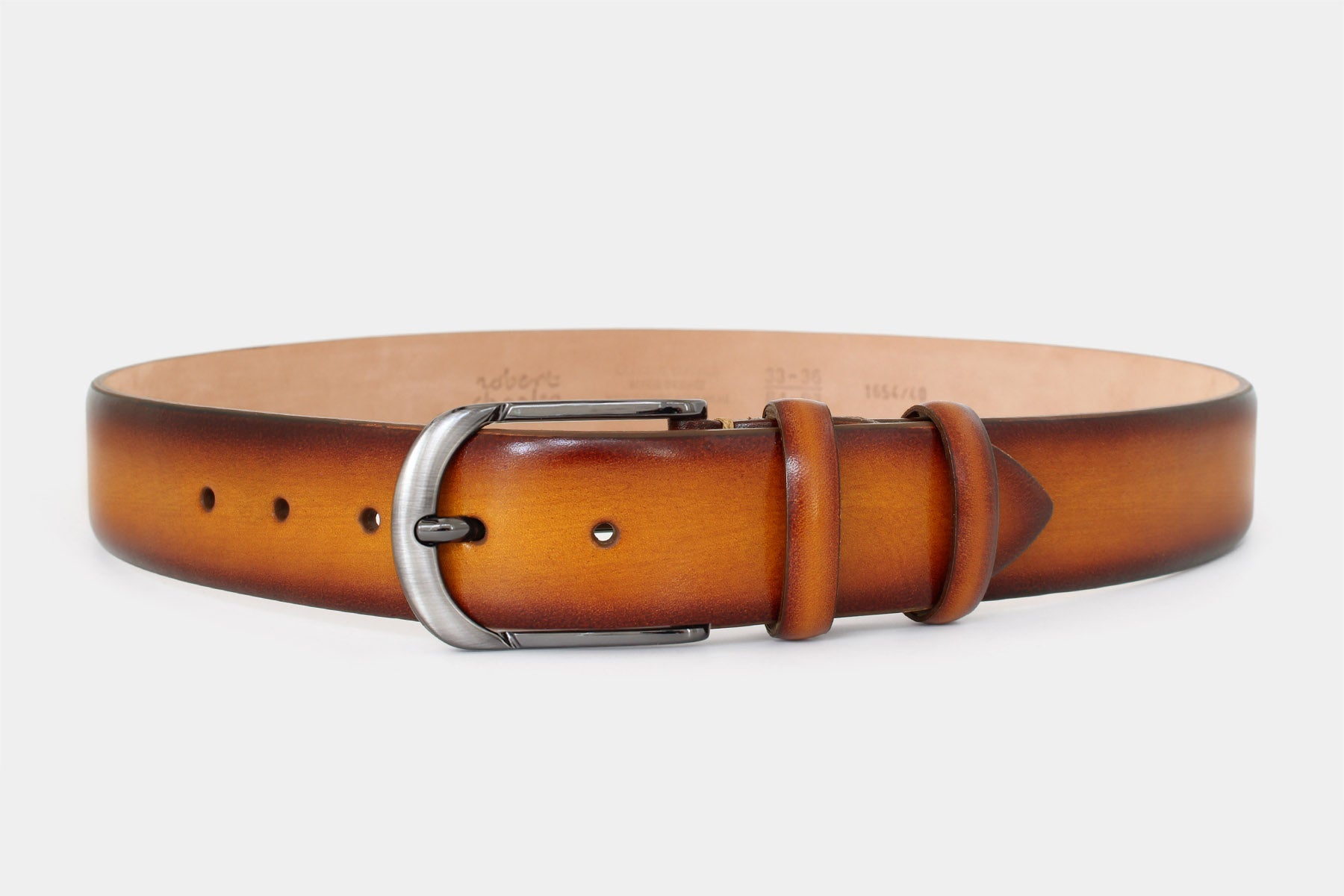 Men's tan handpainted genuine leather belt handmade in Italy with dark grey buckle, 40mm wide.