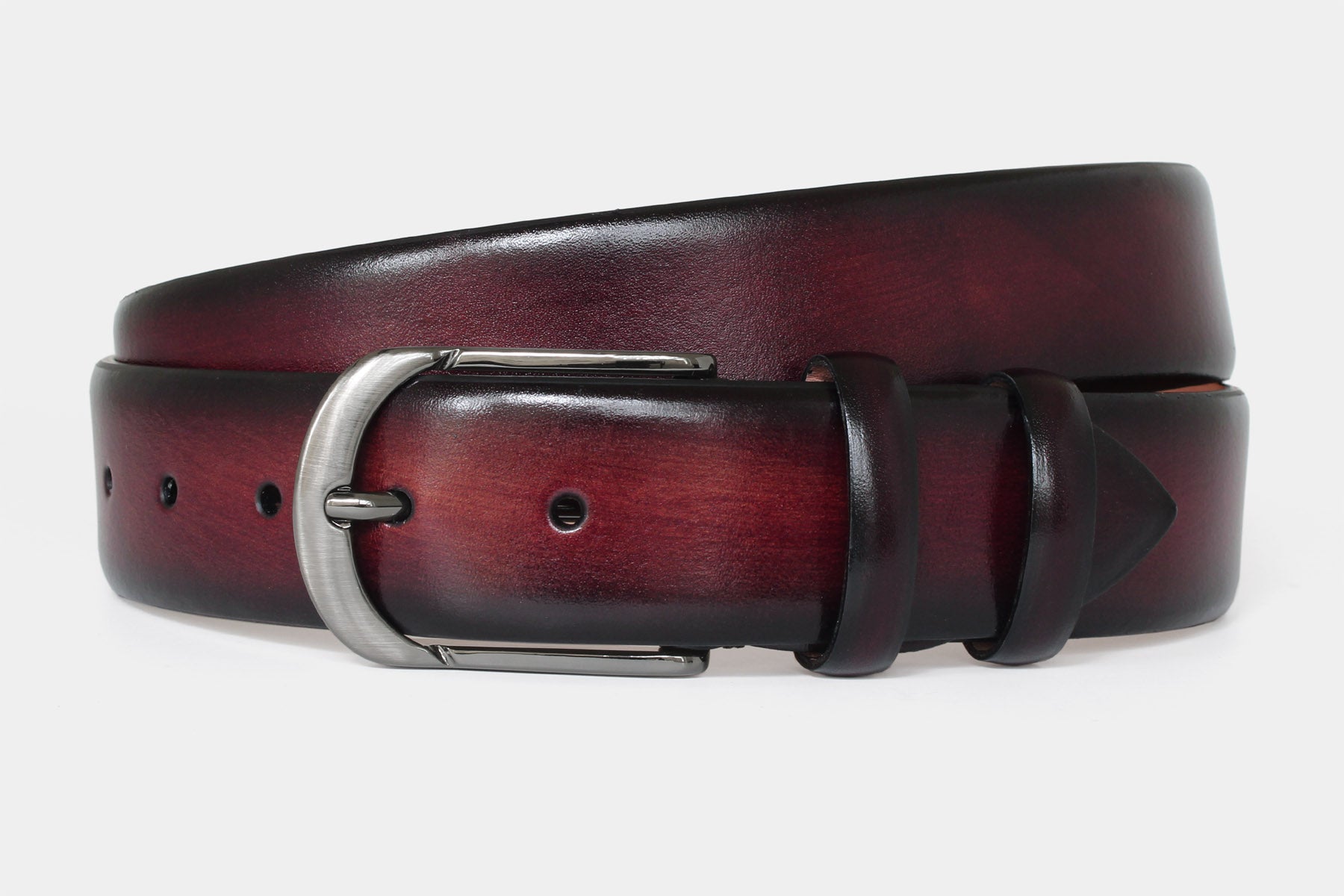 Men's bordeaux handpainted genuine leather belt handmade in Italy with polished gunmetal buckle, 40mm wide