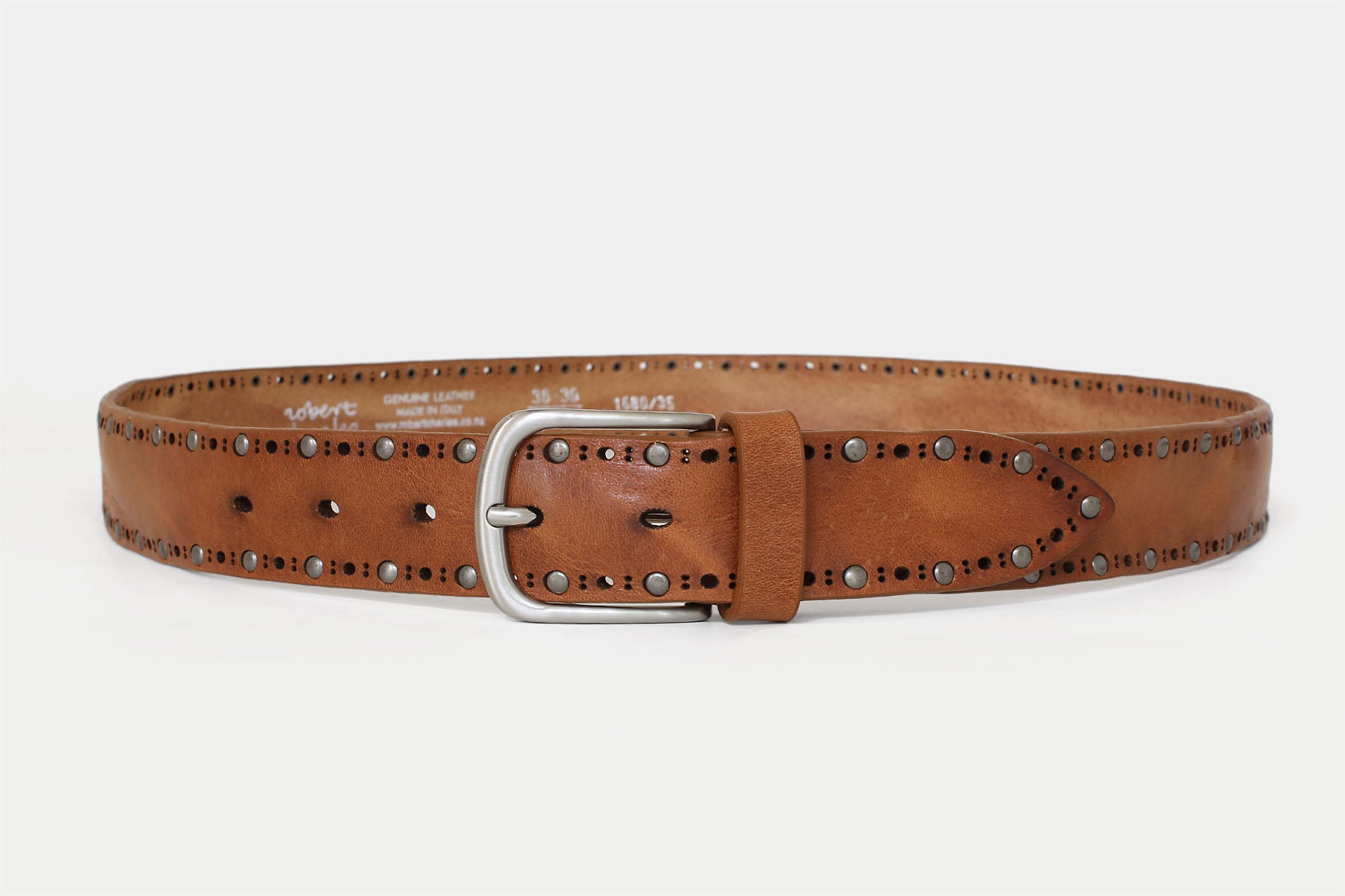 Women's tan solid hide leather jeans belt with studded detail and silver buckle. 35mm wide. Made in Italy.