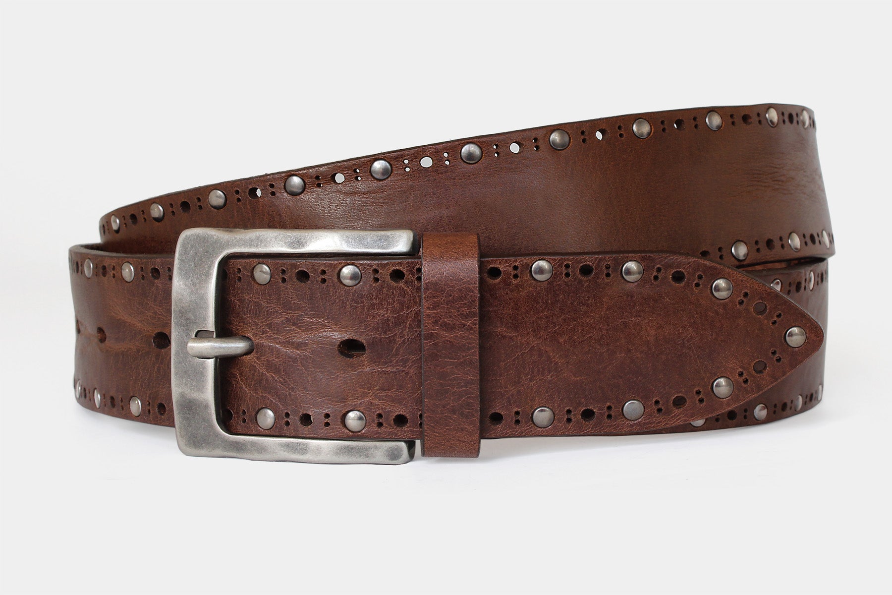 Men's brown solid hide belt with studs and a weathered buckle. Handmade in Italy. Made for denim.