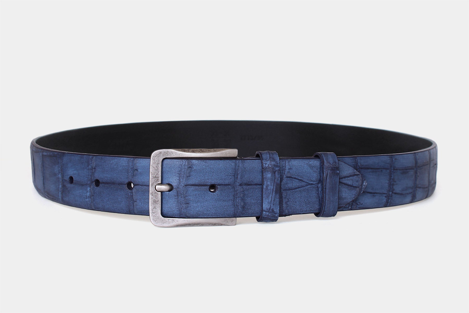 Men's blue crocodile genuine Italian leather belt in matte finish with solid brass buckle. Handmade in Italy.