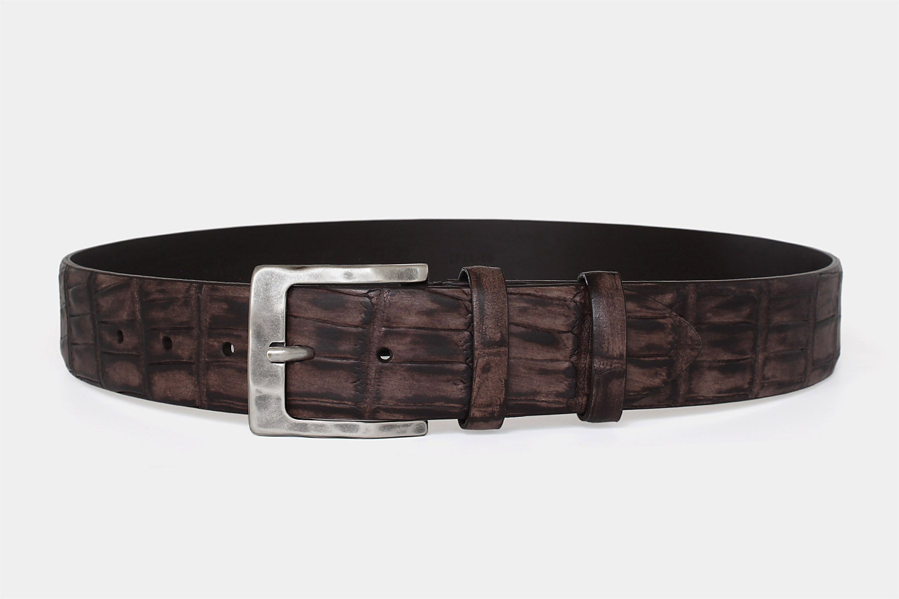 Men's brown crocodile genuine Italian leather belt in matte finish with weathered brass buckle in 40mm width.