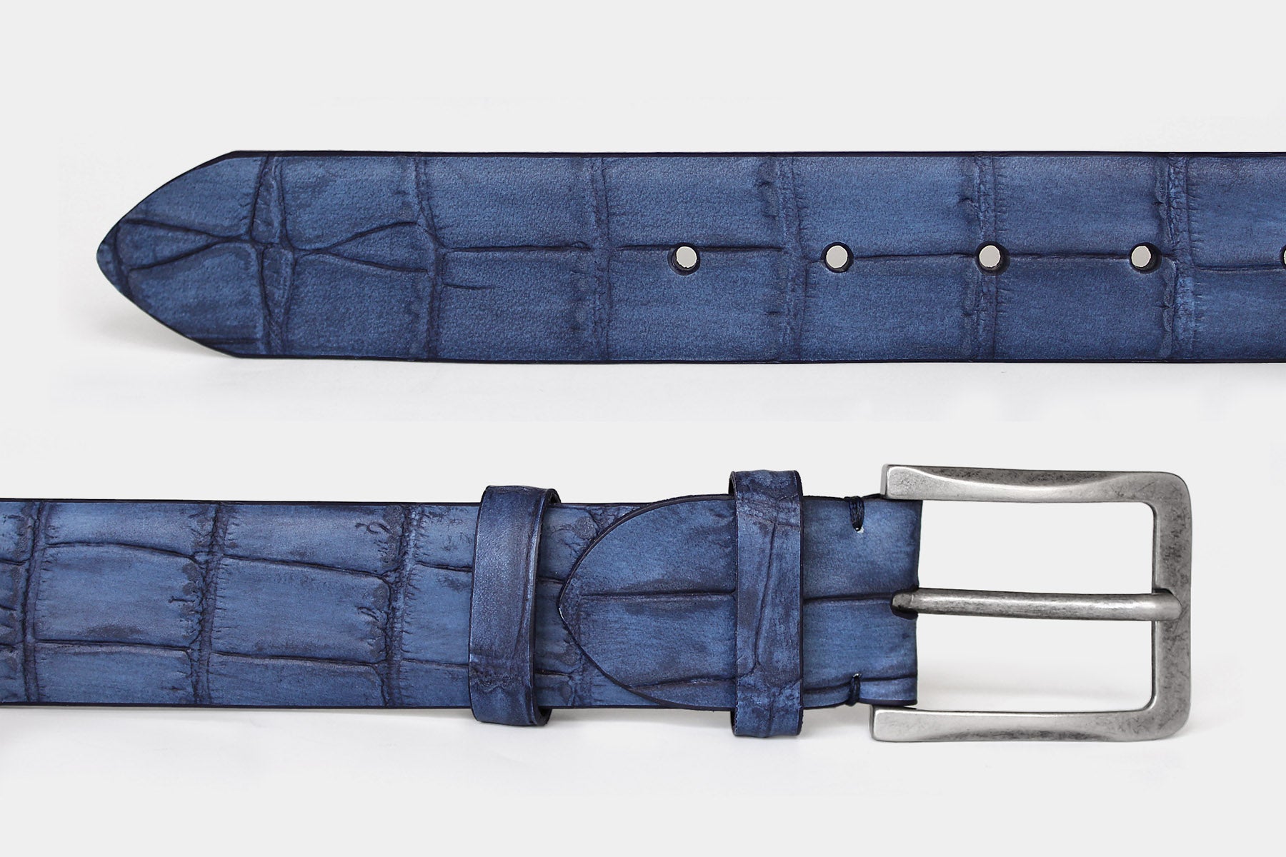 Men's blue handpainted crocodile genuine leather belt handmade in Italy with grey buckle, stitching detail