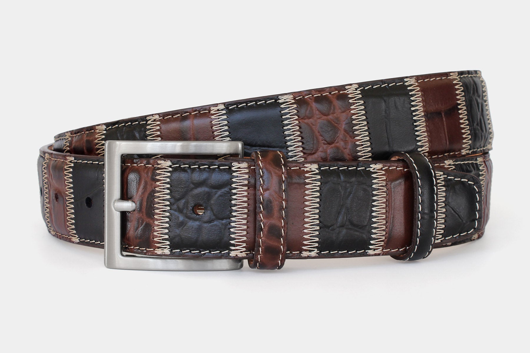 Men’s Italian leather patchwork belt in black and brown, with solid brass buckle. Individually handcrafted in Italy.