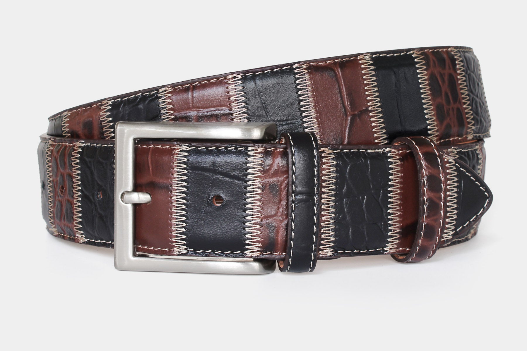 Men’s Italian leather patchwork belt in black and brown, with solid brass buckle in 40mm width. Handcrafted in Italy.