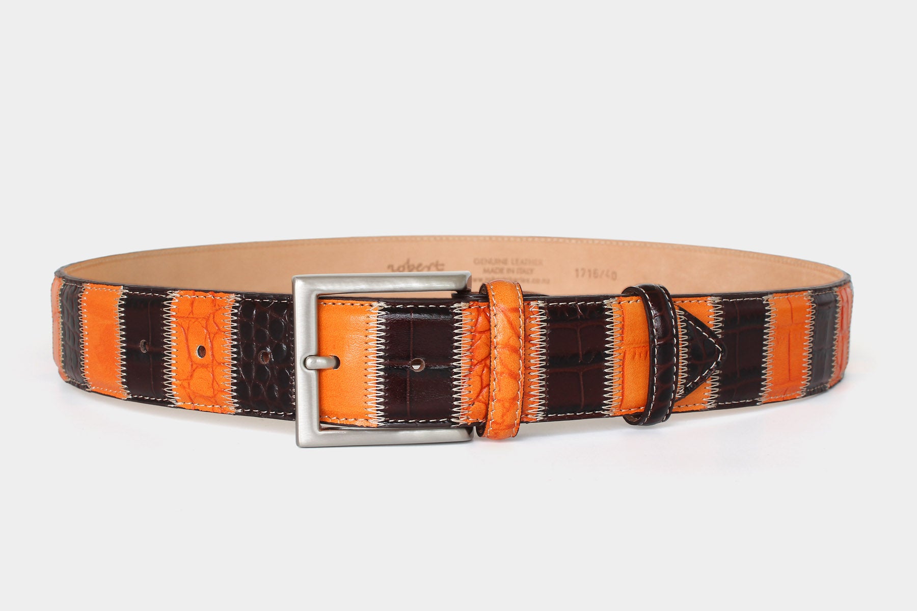 Men’s patchwork leather belt – Italian leather in brown and orange – solid brass buckle – 40mm - Robert Charles