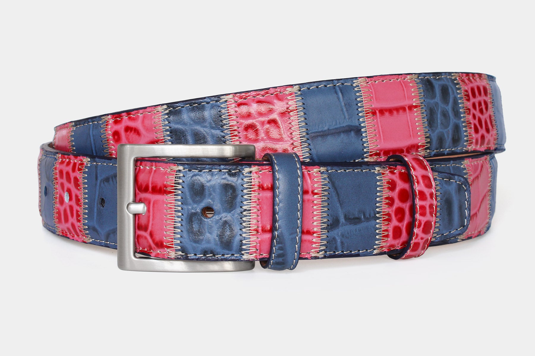Men’s Italian leather patchwork belt in blue and pink, with solid brass buckle. Individually handcrafted in Italy.