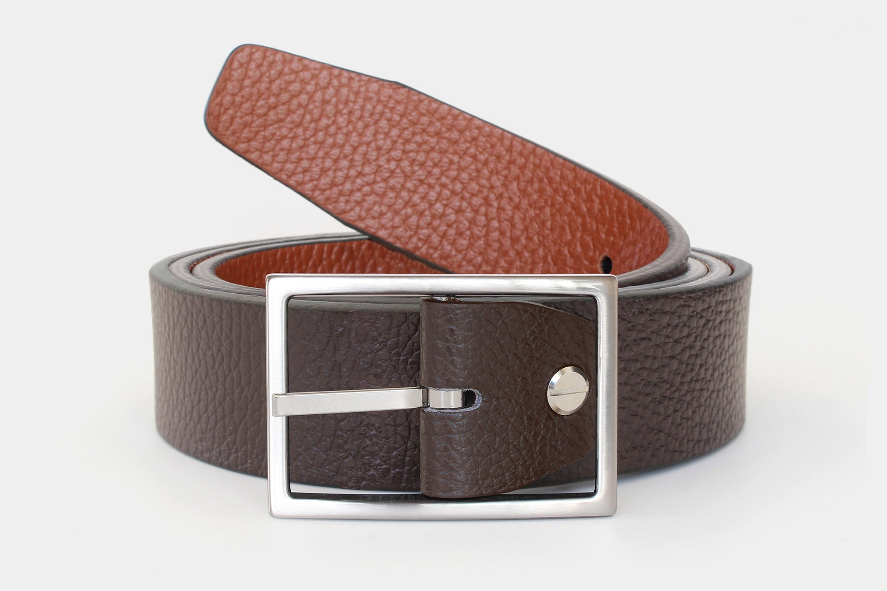 Reversible men’s belt in brown and tan genuine leather. Handmade in Italy with a silver buckle.