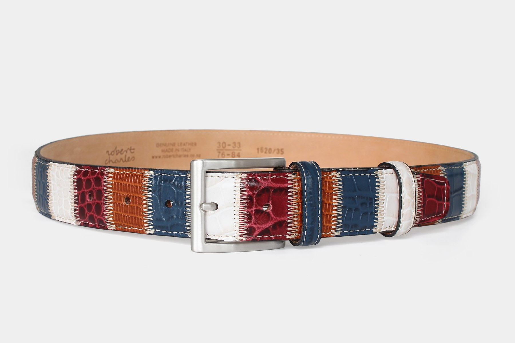 Men’s patchwork leather belt – Multicoloured Italian leather – solid brass buckle – Robert Charles