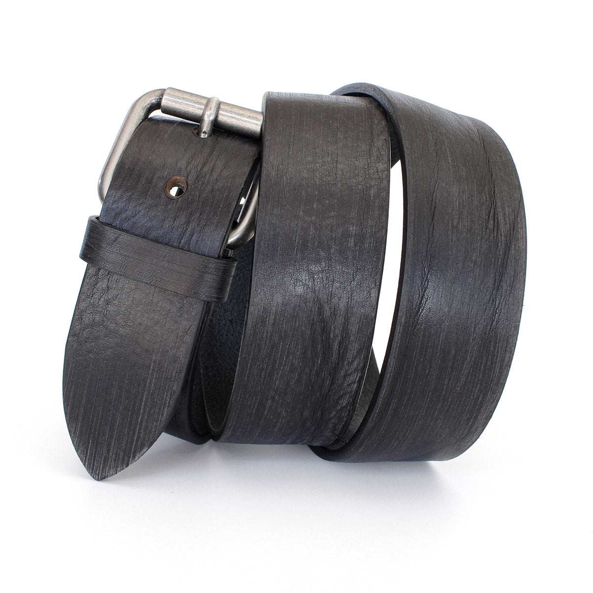 Men's black distressed solid hide leather belt. Handmade in Italy.