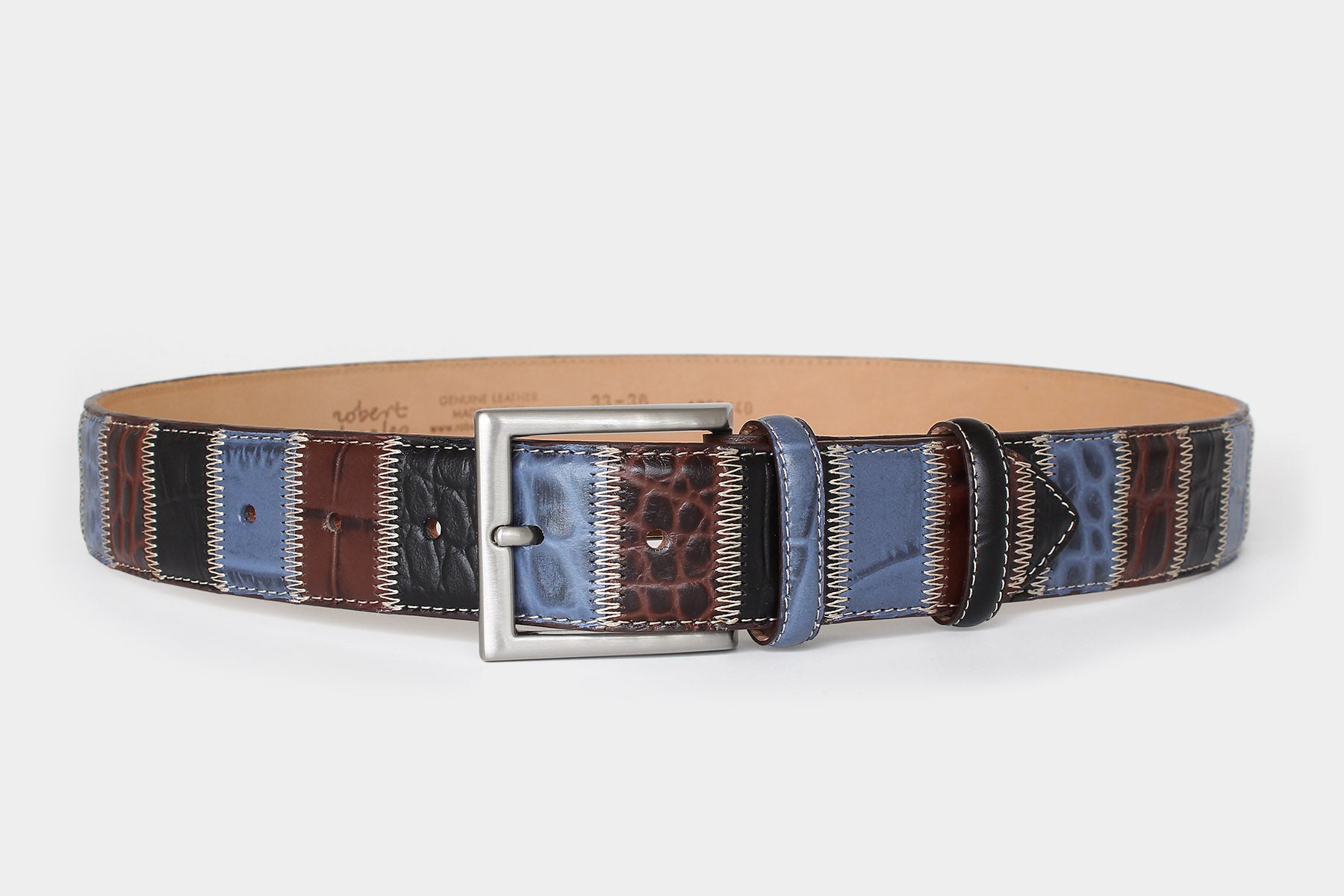 Men's Italian leather belt - patchwork design in blue, brown and black with solid brass buckle in 40 mm width