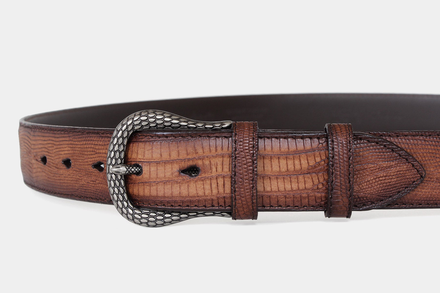 Men's tan snake skin leather belt with distinctive snake statement buckle