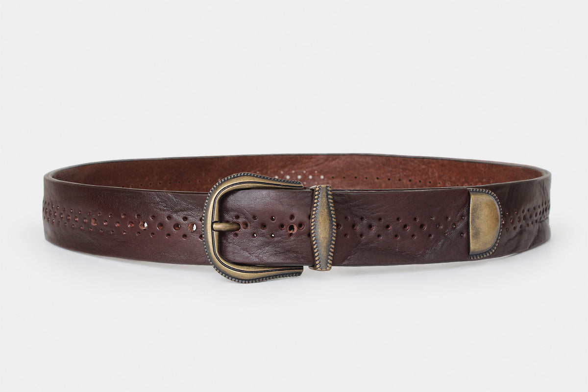 Brown leather belt with perforated detailing, antique gold-tone buckle, matching metal keeper and metal tip