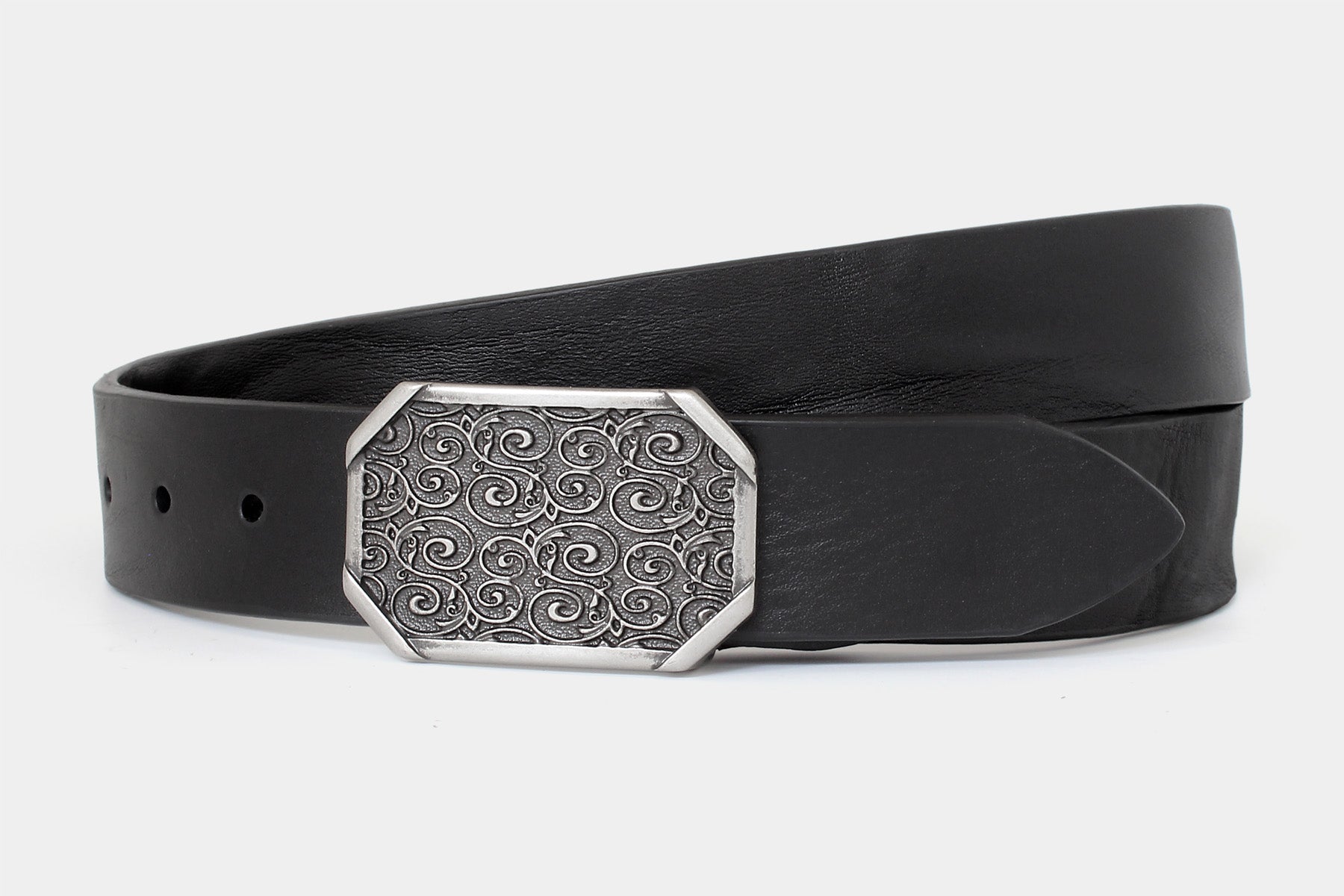 Men’s black Italian solid hide raw cut leather jeans belt with western-style plaque buckle. Made in Italy.