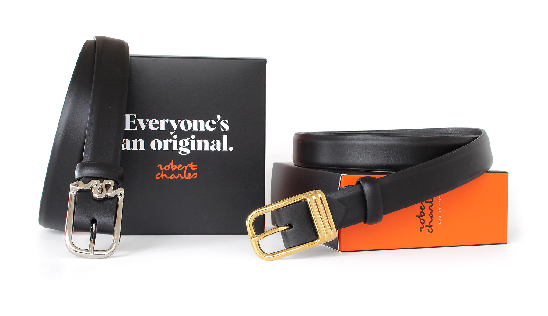 Women's slim soft Italian calfskin leather belts with silver or gold buckle, displayed with Robert Charles gift box