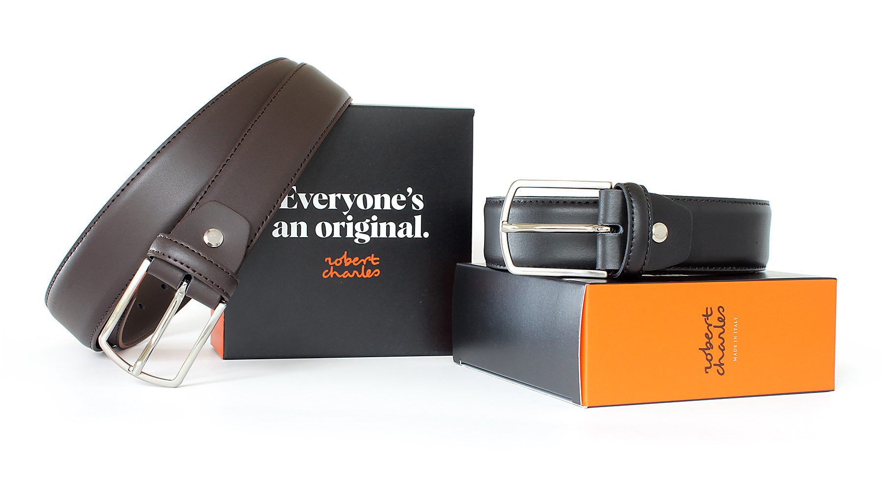 Men's Italian formal leather belts with solid brass buckle, displayed with Robert Charles gift box