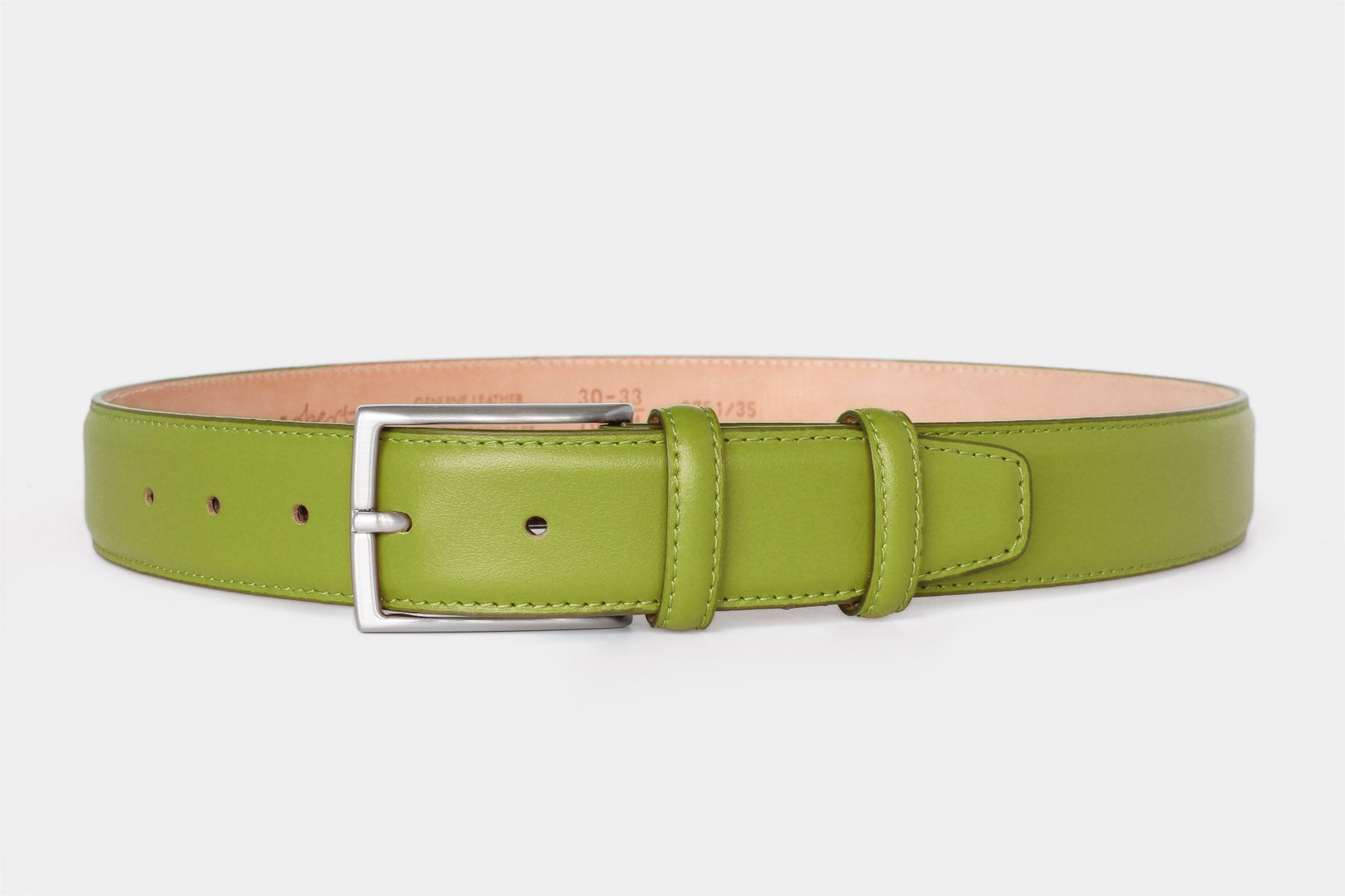 Men’s apple calfskin Italian leather belt with a classic solid brass buckle and stitched edge. Handmade in Italy.