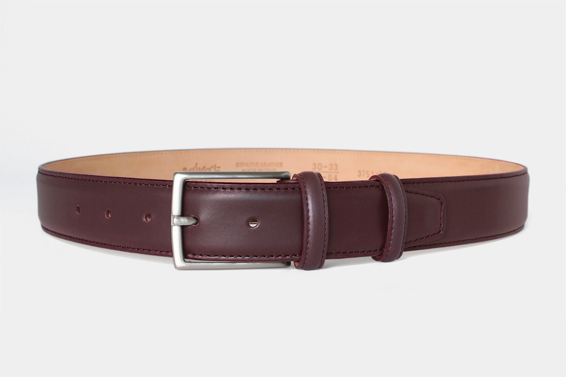 Men’s wine calfskin Italian leather belt with a classic solid brass buckle and stitched edge. Handmade in Italy.