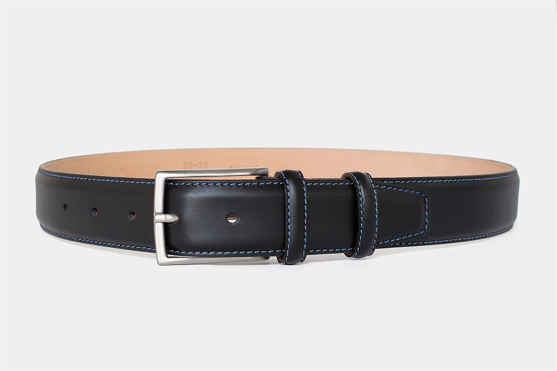 Men’s black calfskin Italian leather belt with solid brass buckle and blue stitched edge. Handmade in Italy.