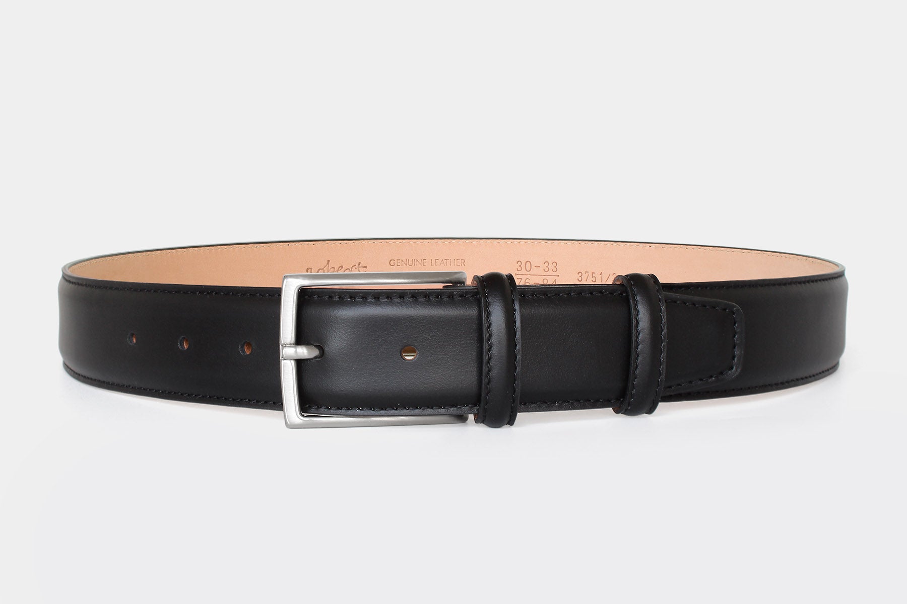 Men’s black calfskin Italian leather belt with silver buckle and stitched edge. Handmade in Italy.