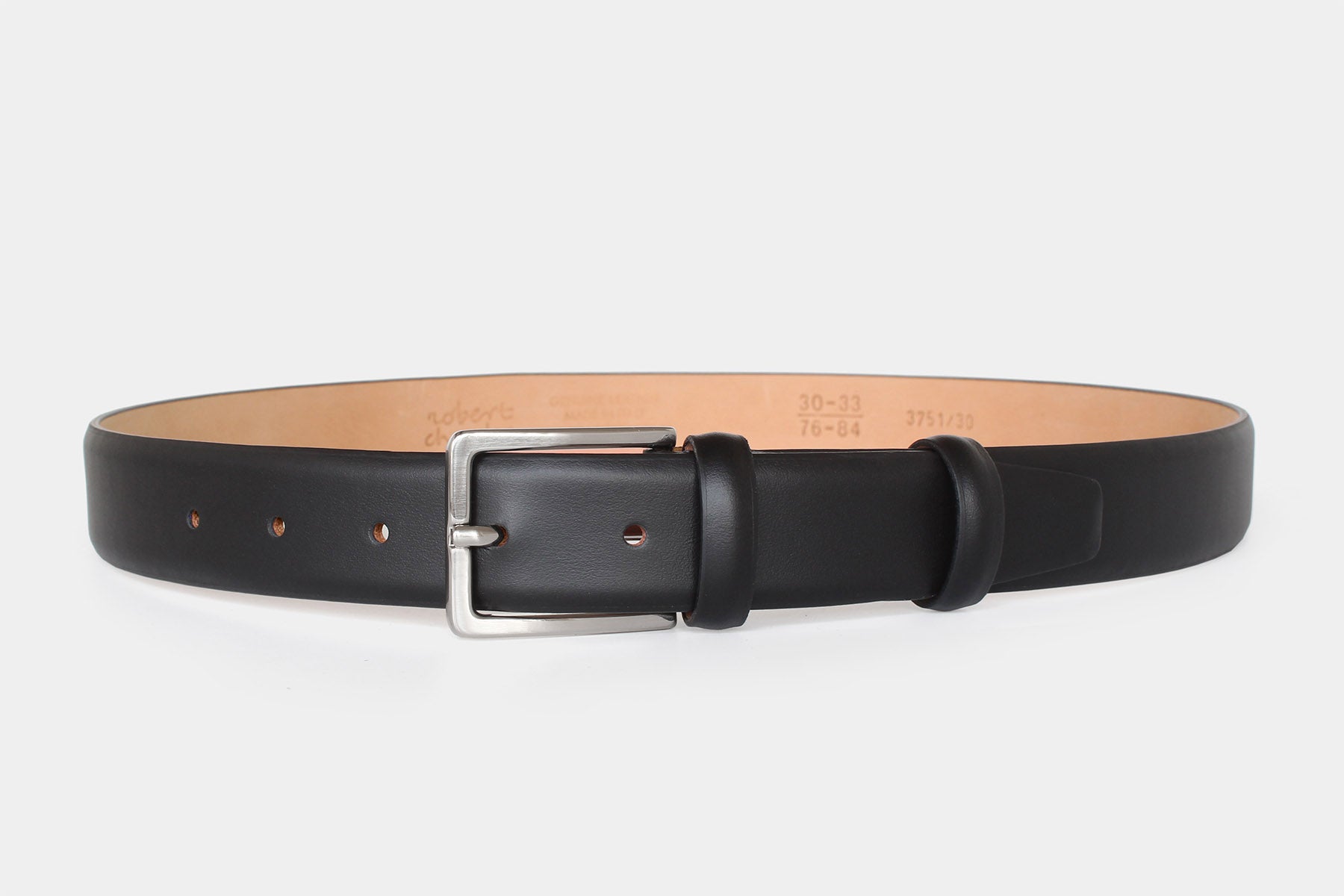 Men’s black calfskin Italian leather belt with silver buckle and feather edge finish in slim 30mm. Made in Italy.