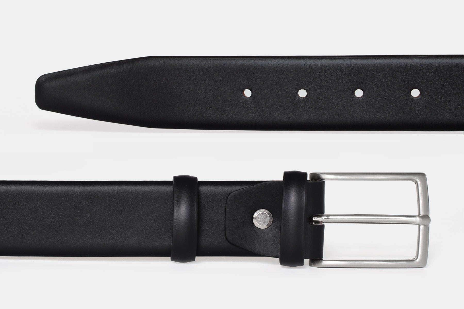 Men's black Italian calfskin leather belt with classic silver buckle and feather edge finish. Made in Italy.