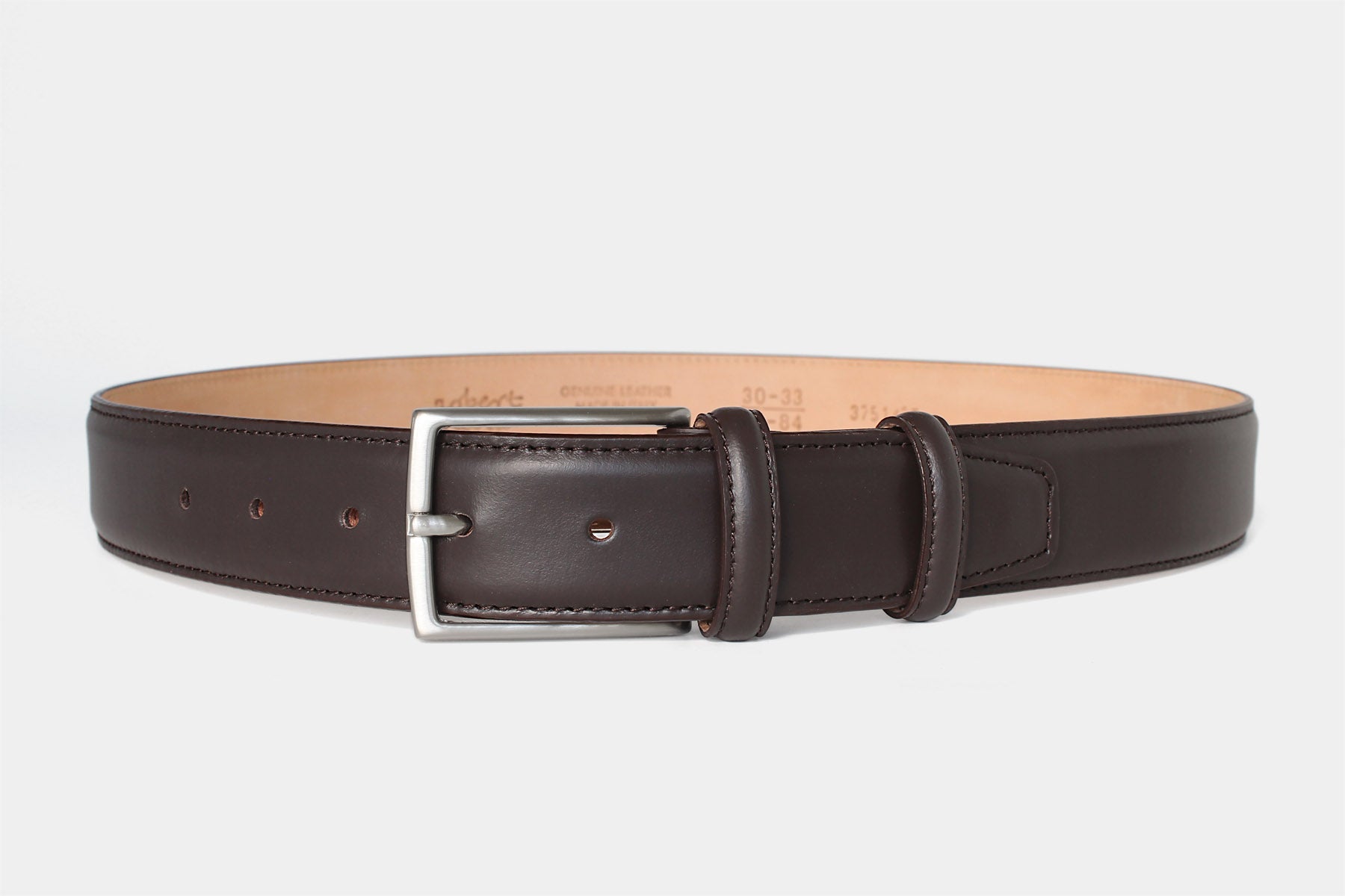 Men’s brown calfskin Italian leather belt with silver buckle and stitched edge. Handmade in Italy.