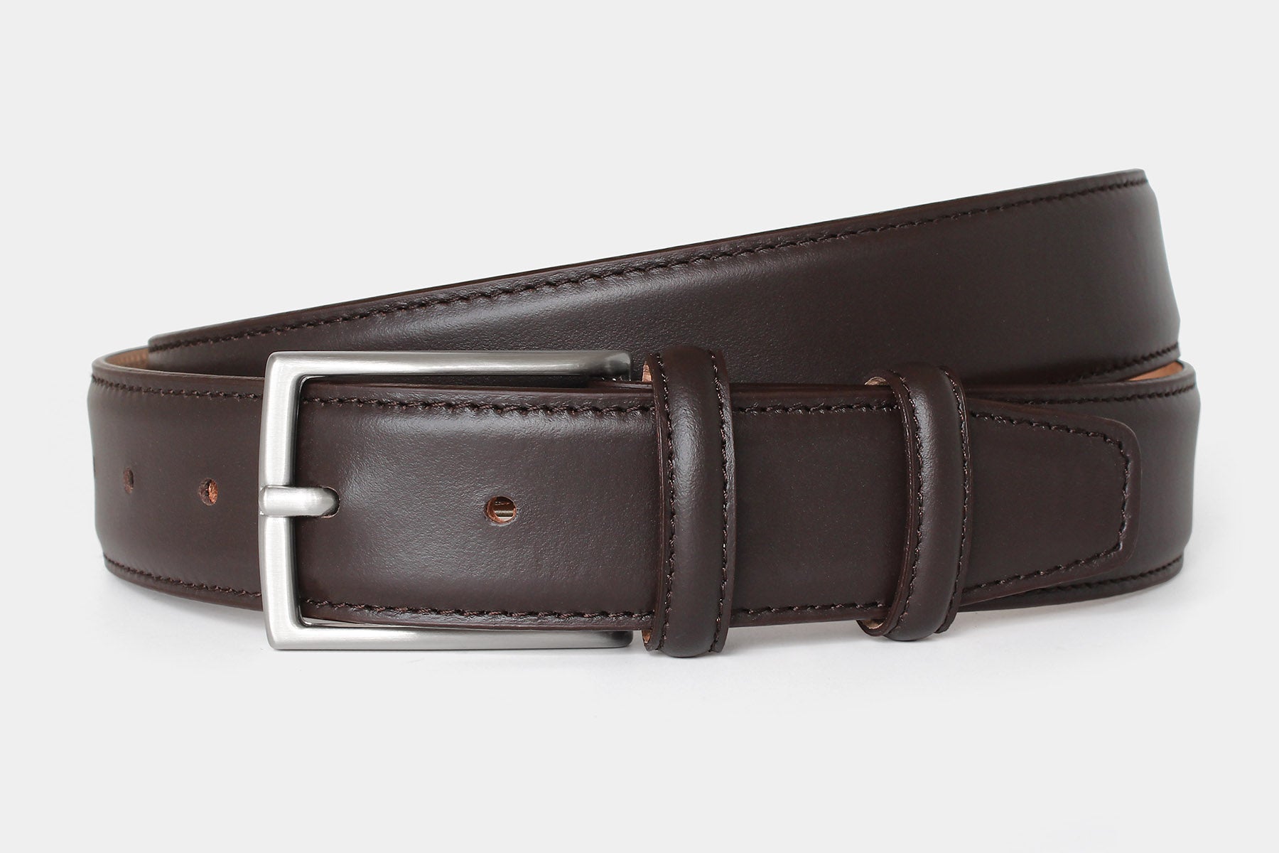 Men’s brown genuine Italian calfskin leather belt with classic silver buckle and stitched edge.