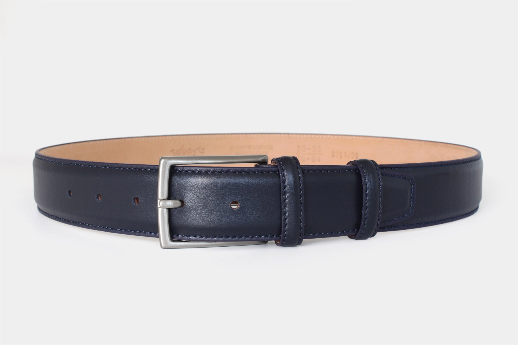Men’s navy calfskin Italian leather belt with silver buckle and stitched edge. Handmade in Italy.
