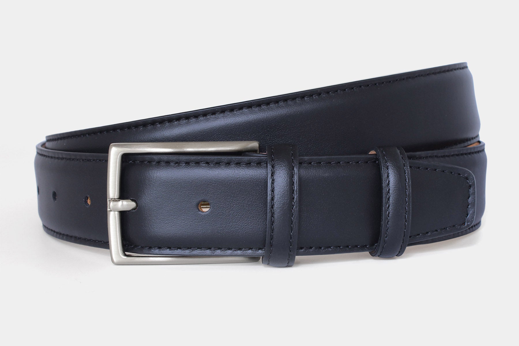 Men’s navy genuine Italian calfskin leather belt with classic silver buckle and stitched edge.