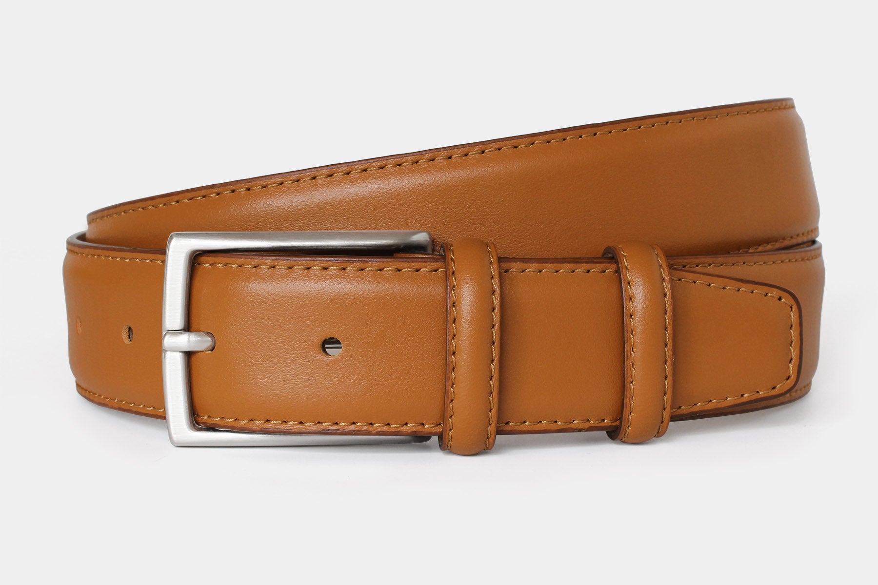 Men’s tan genuine Italian calfskin leather belt with classic silver buckle and stitched edge.