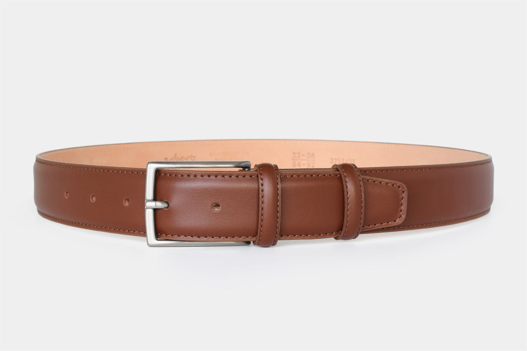 Men’s dark tan calfskin Italian leather belt with silver buckle and stitched edge. Handmade in Italy.